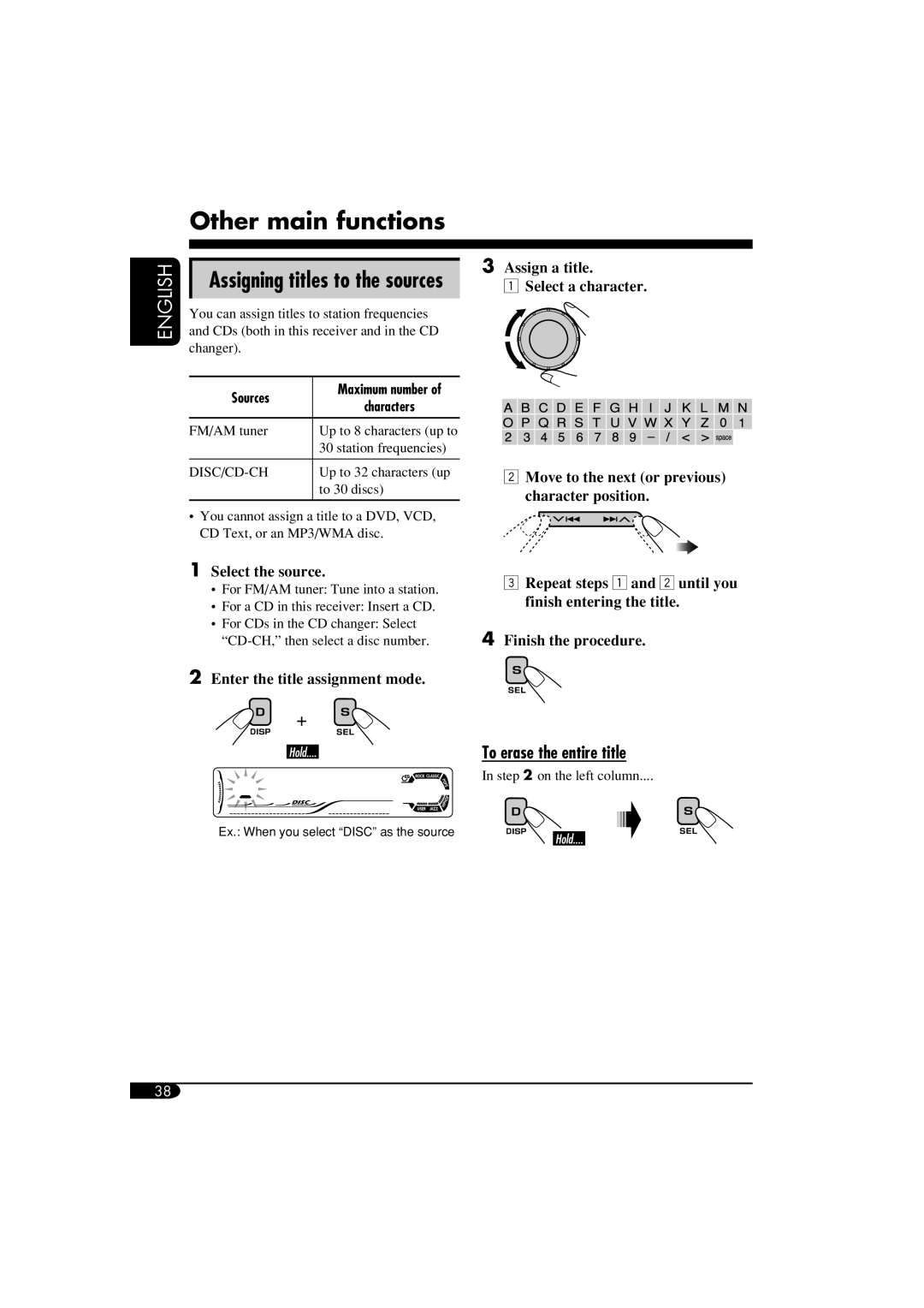 JVC KD-ADV6160, KD-DV5100 Other main functions, Assigning titles to the sources, To erase the entire title, Assign a title 