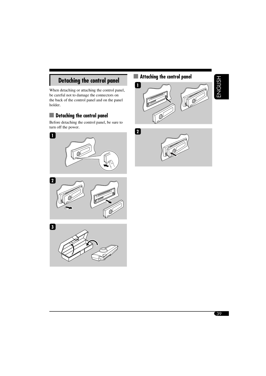 JVC KD-DV5100, KD-ADV6160 manual Attaching the control panel, Detaching the control panel 