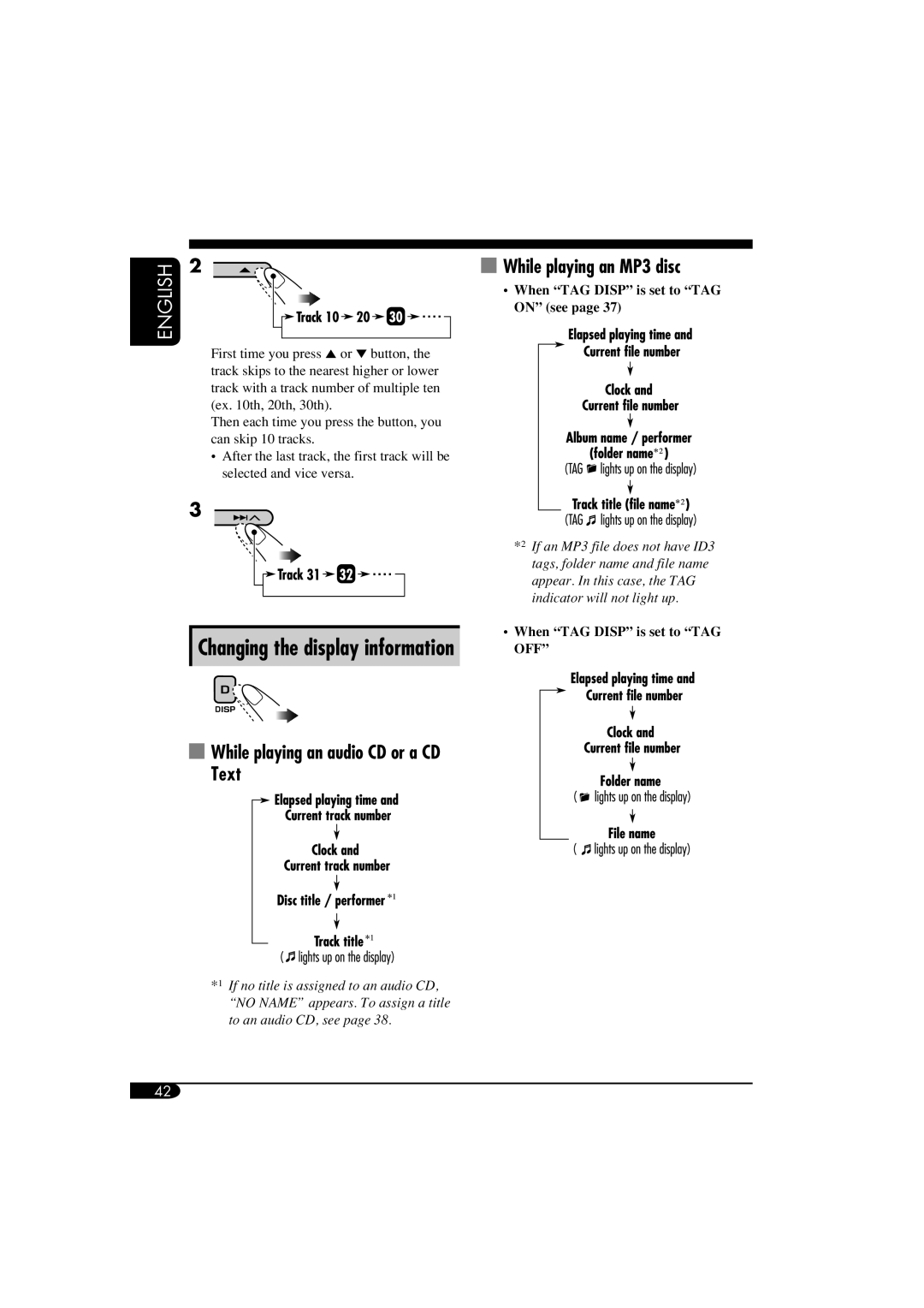 JVC KD-ADV6160 manual While playing an MP3 disc, While playing an audio CD or a CD Text, When TAG Disp is set to TAG on see 