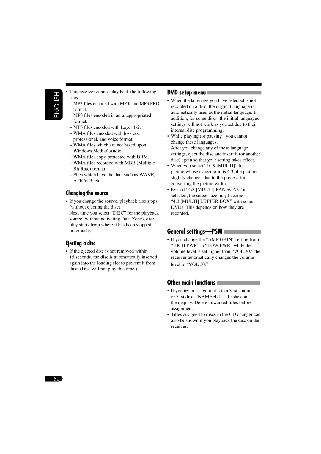 JVC KD-ADV6160, KD-DV5100 DVD setup menu, Other main functions, Changing the source, Ejecting a disc, General settings-PSM 