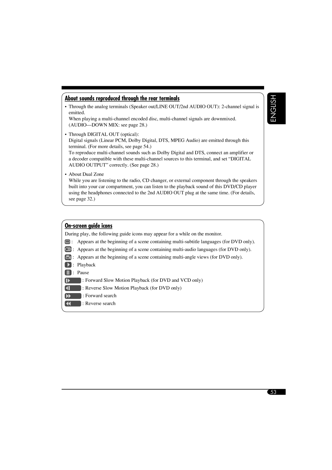 JVC KD-DV5100, KD-ADV6160 manual About sounds reproduced through the rear terminals, On-screen guide icons 