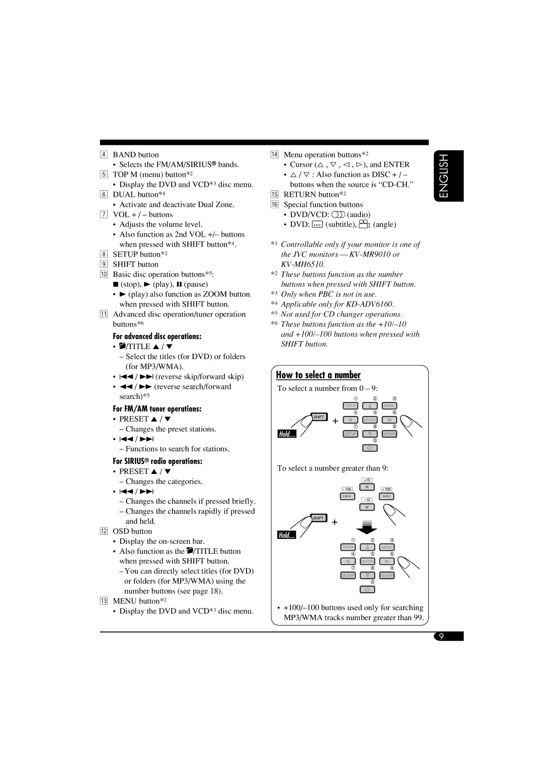 JVC KD-DV5100, KD-ADV6160 manual How to select a number, For advanced disc operations, For FM/AM tuner operations 