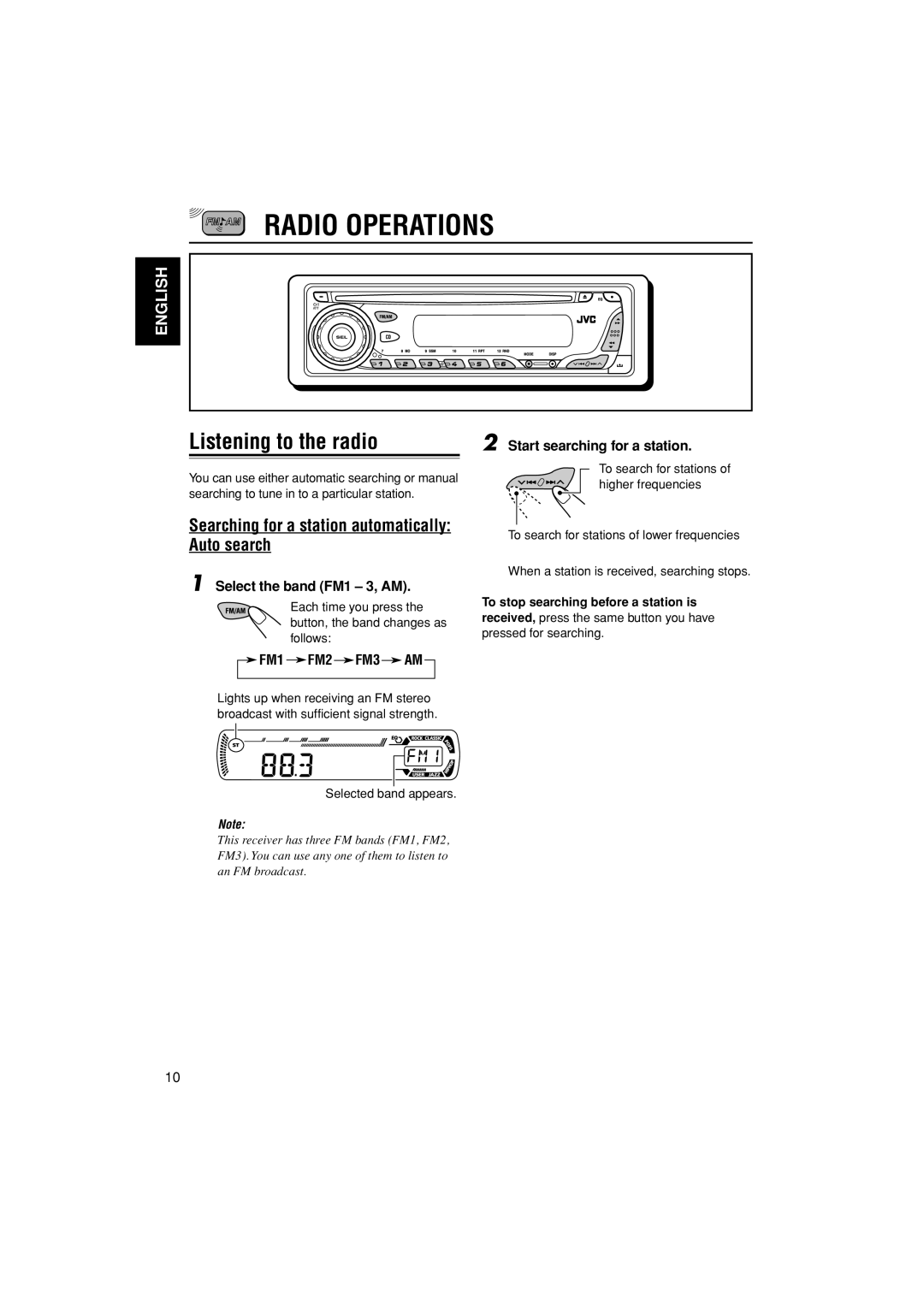 JVC KD-AR200, KD-G200 manual Radio Operations, Listening to the radio, Searching for a station automatically Auto search 