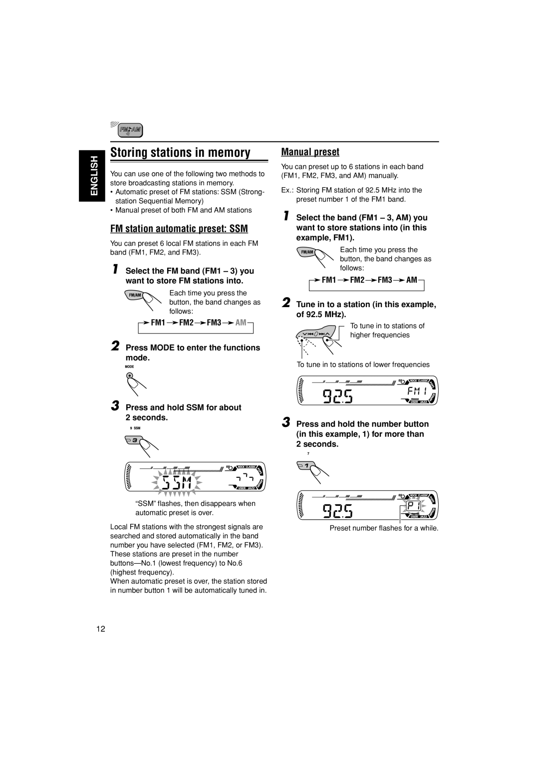 JVC KD-AR200, KD-G200 manual FM station automatic preset SSM, Manual preset, FM1 FM2 FM3 