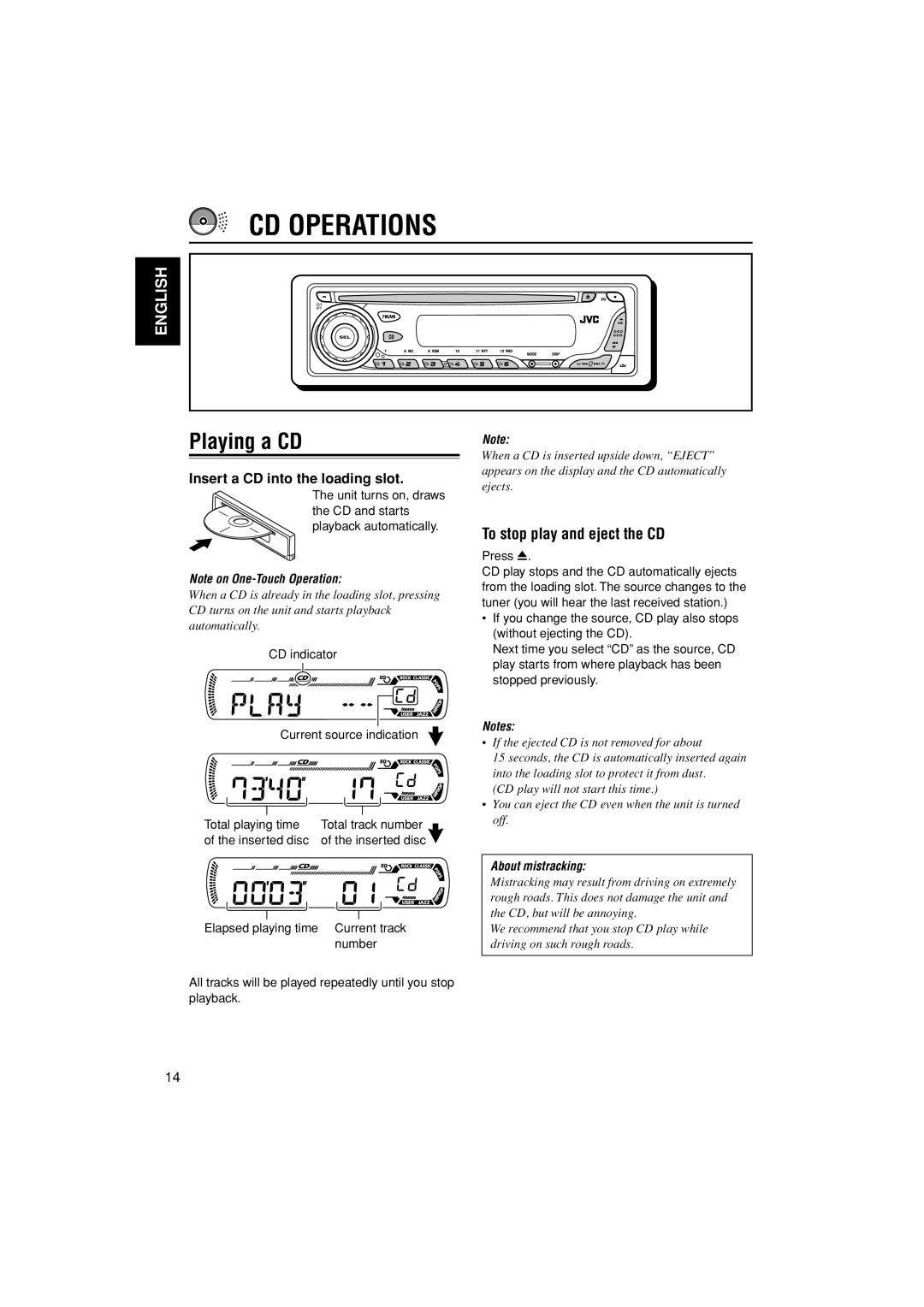 JVC KD-AR200, KD-G200 manual CD Operations, Playing a CD, To stop play and eject the CD, Insert a CD into the loading slot 