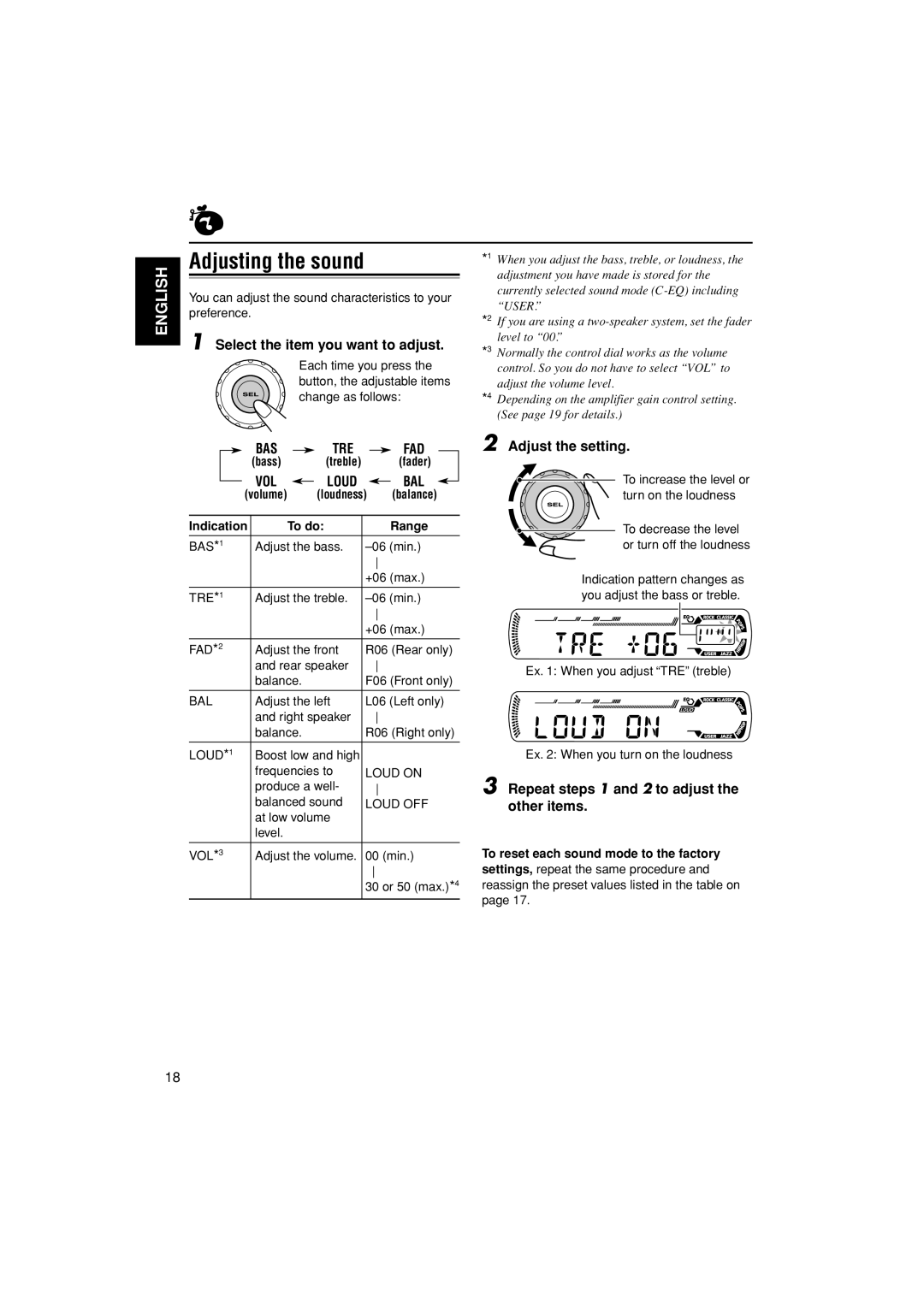 JVC KD-AR200, KD-G200 manual Adjusting the sound, Bas, Vol 