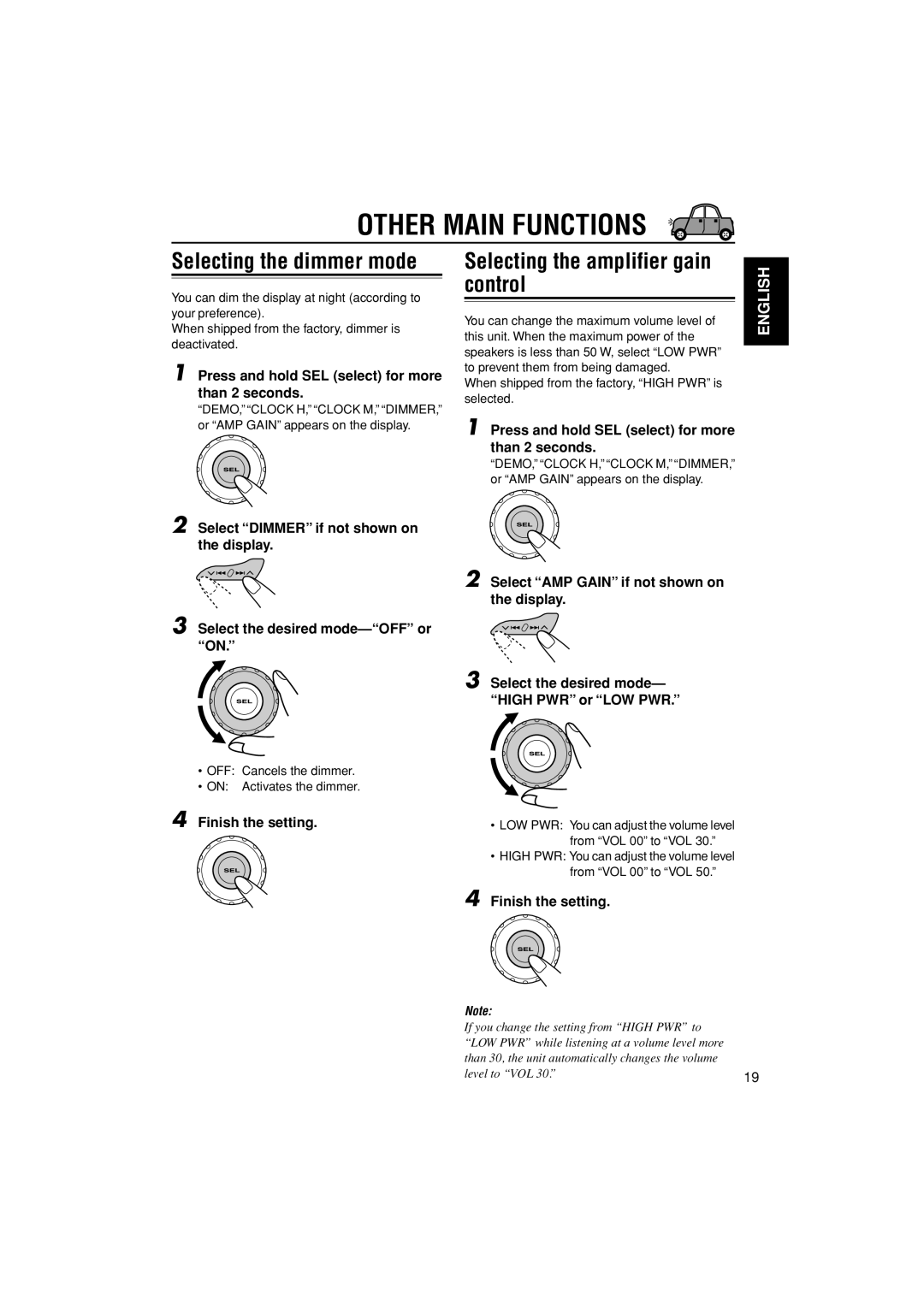 JVC KD-G200, KD-AR200 manual Other Main Functions, Selecting the amplifier gain control 