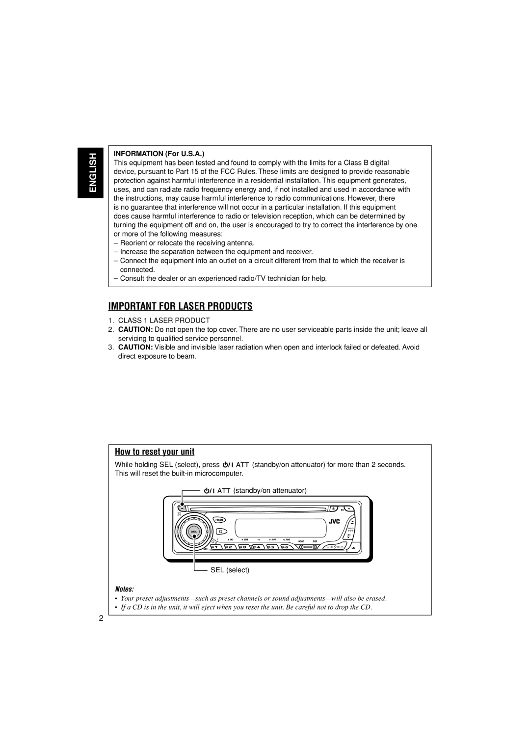 JVC KD-AR200, KD-G200 manual How to reset your unit, Information For U.S.A 