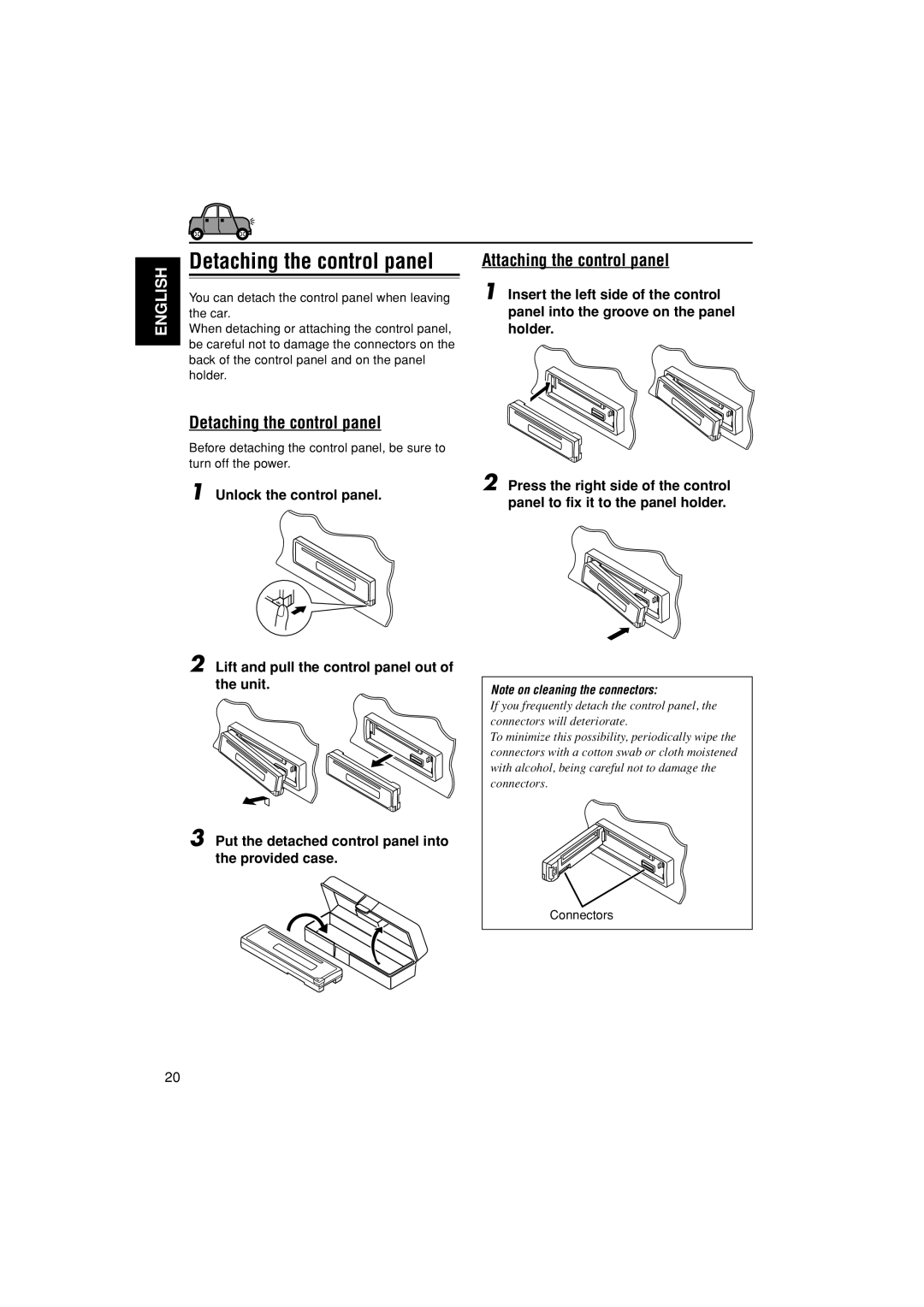 JVC KD-AR200, KD-G200 manual Detaching the control panel, Attaching the control panel 