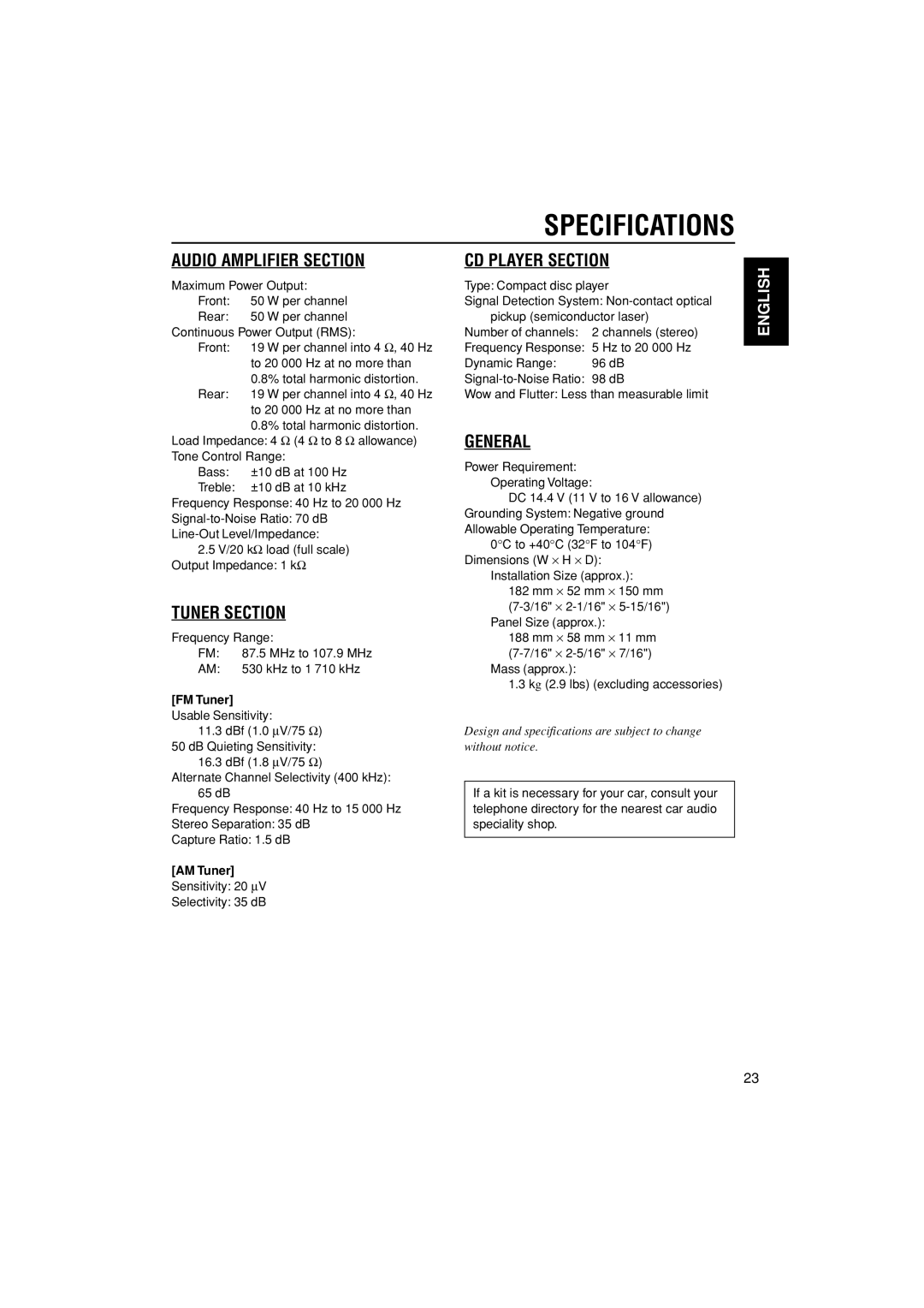 JVC KD-G200, KD-AR200 manual Specifications, FM Tuner, AM Tuner 