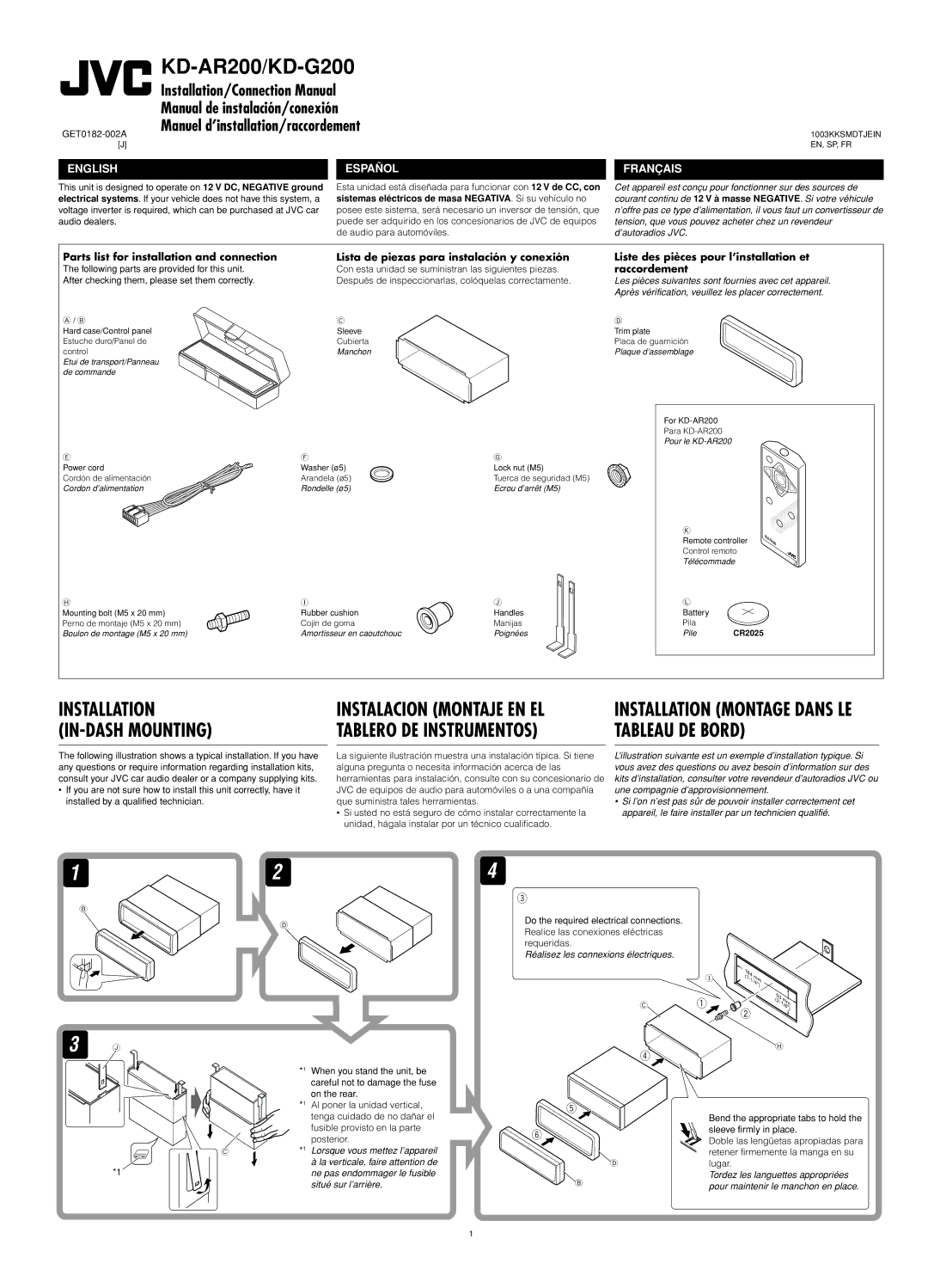 JVC manual KD-AR200/KD-G200, Pile CR2025 