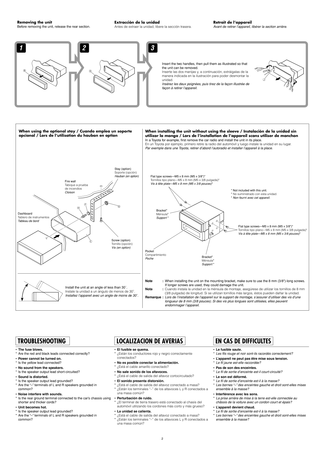 JVC KD-AR200 Nota, Fuse blows, Sound is distorted, Noise interfere with sounds, Unit becomes hot, El fusible se quema 