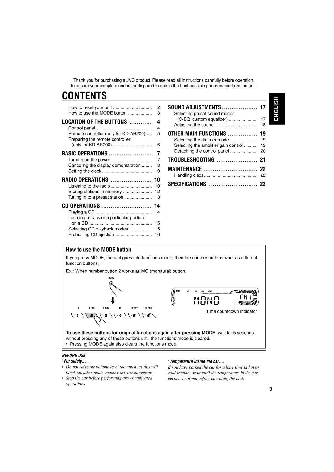 JVC KD-G200, KD-AR200 manual Contents 