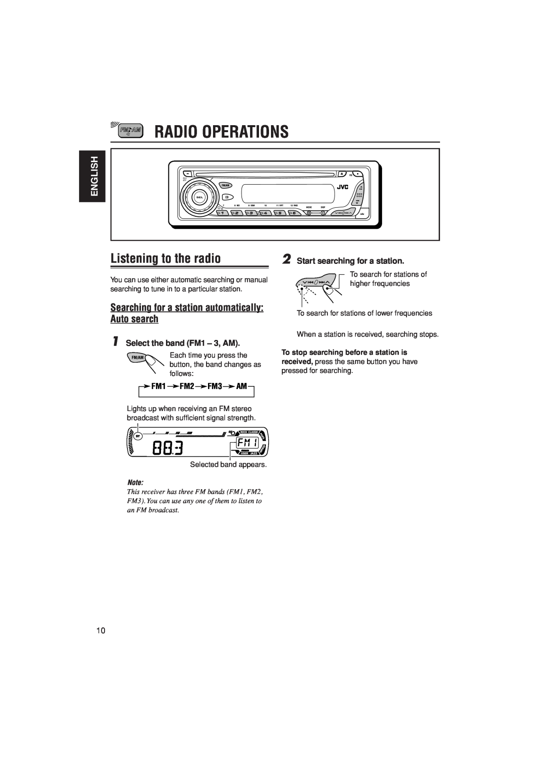 JVC KD-AR200, KD-G200 manual Radio Operations, Listening to the radio, Select the band FM1 - 3, AM, FM1 FM2 FM3 AM, English 