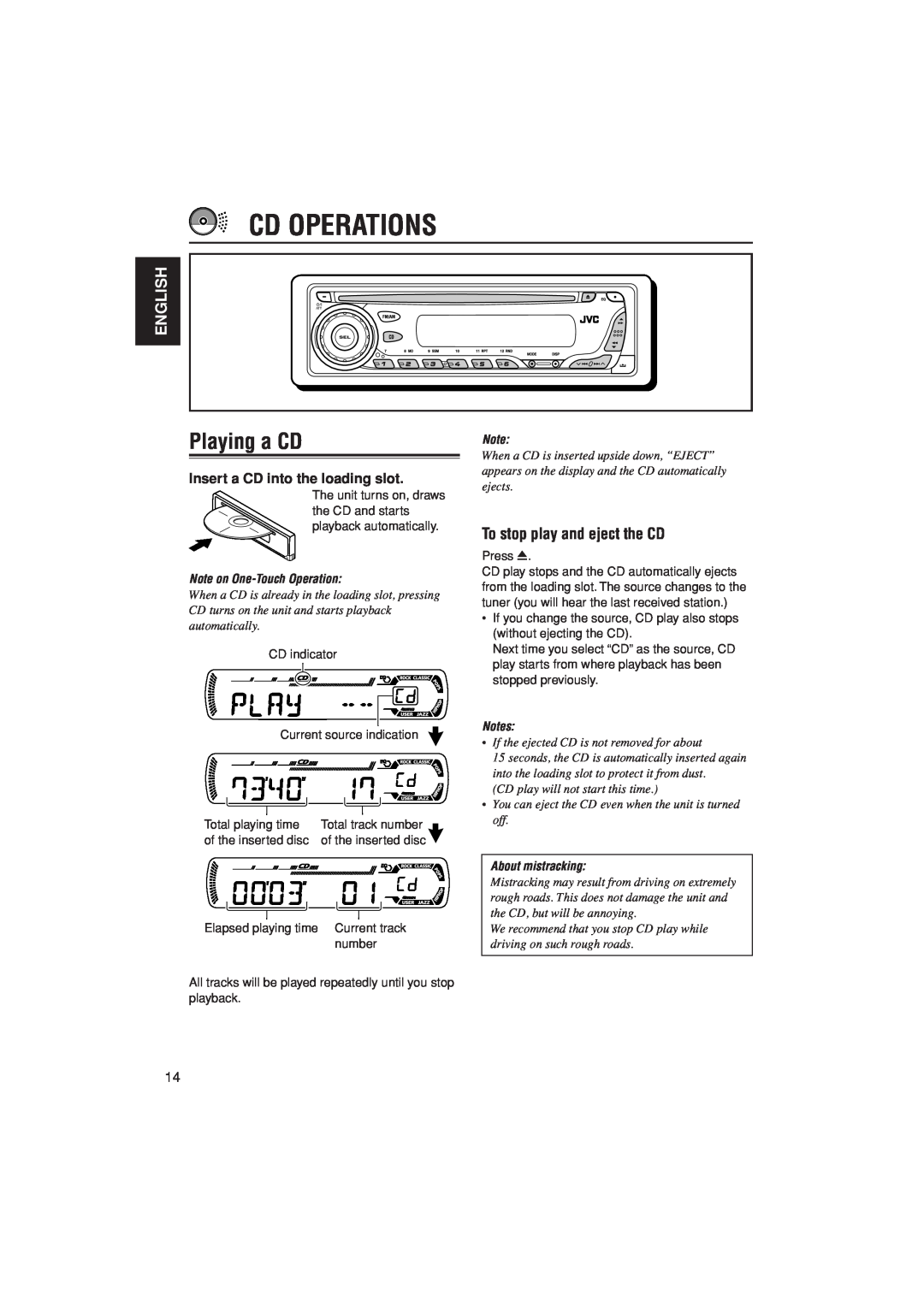 JVC KD-AR200 manual Cd Operations, Playing a CD, To stop play and eject the CD, Insert a CD into the loading slot, English 