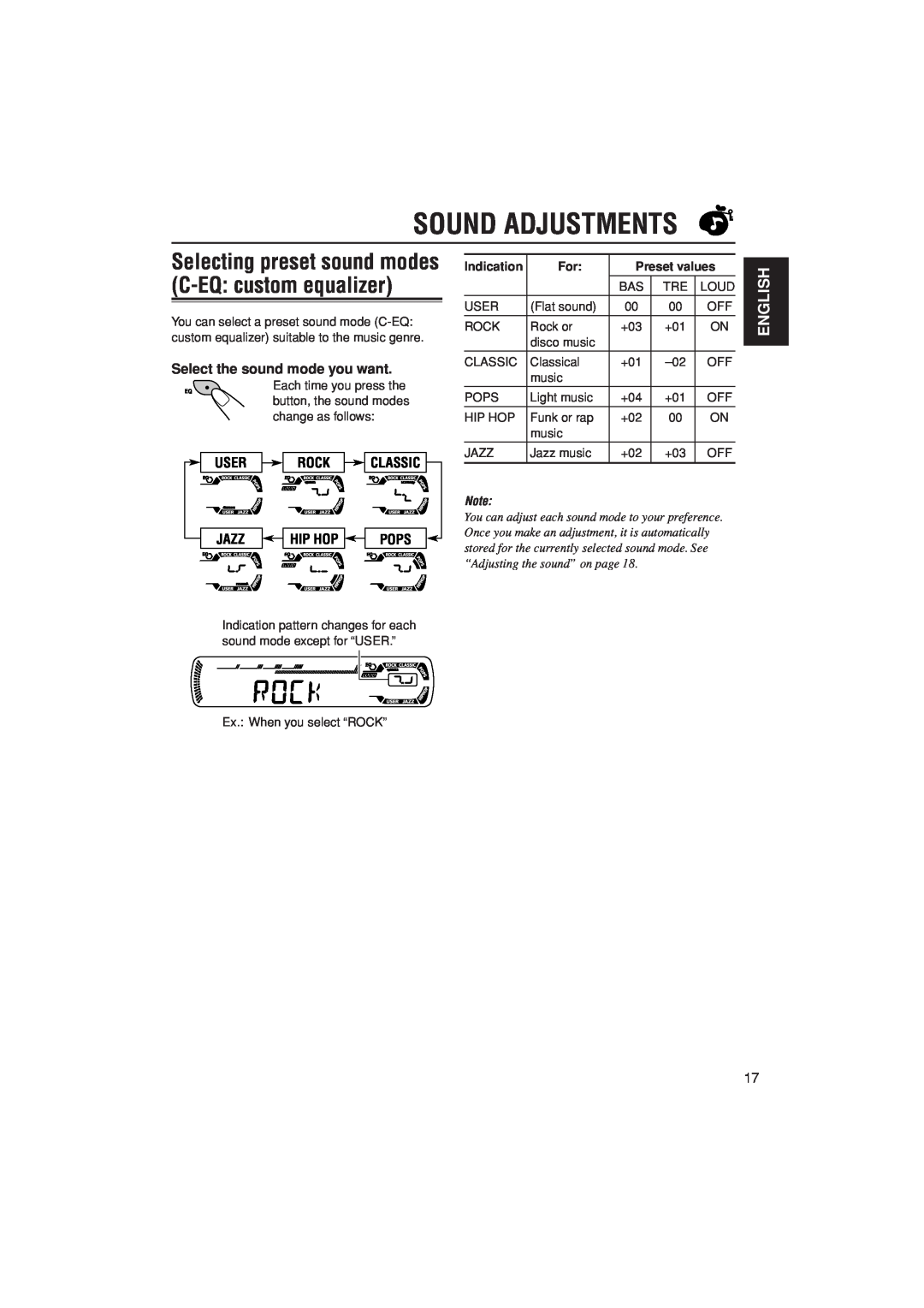 JVC KD-G200 Sound Adjustments, Select the sound mode you want, User Rock Classic, Jazz, Hip Hop, Pops, English, Indication 