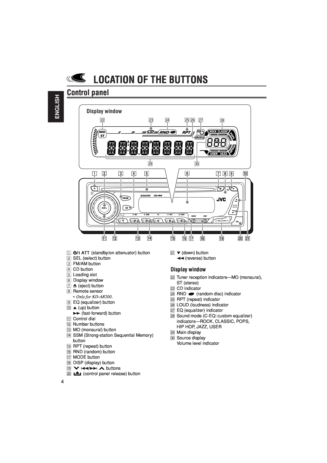 JVC KD-AR200, KD-G200 manual Location Of The Buttons, Control panel, Display window, English 