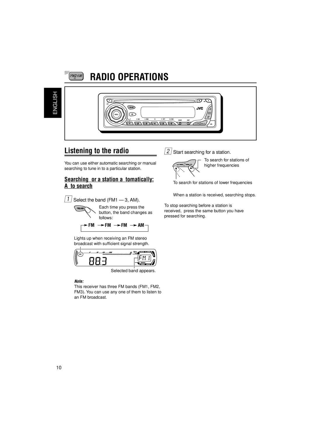 JVC KD-AR260, KD-G210 manual Radio Operations, Listening to the radio, Searching for a station automatically Auto search 