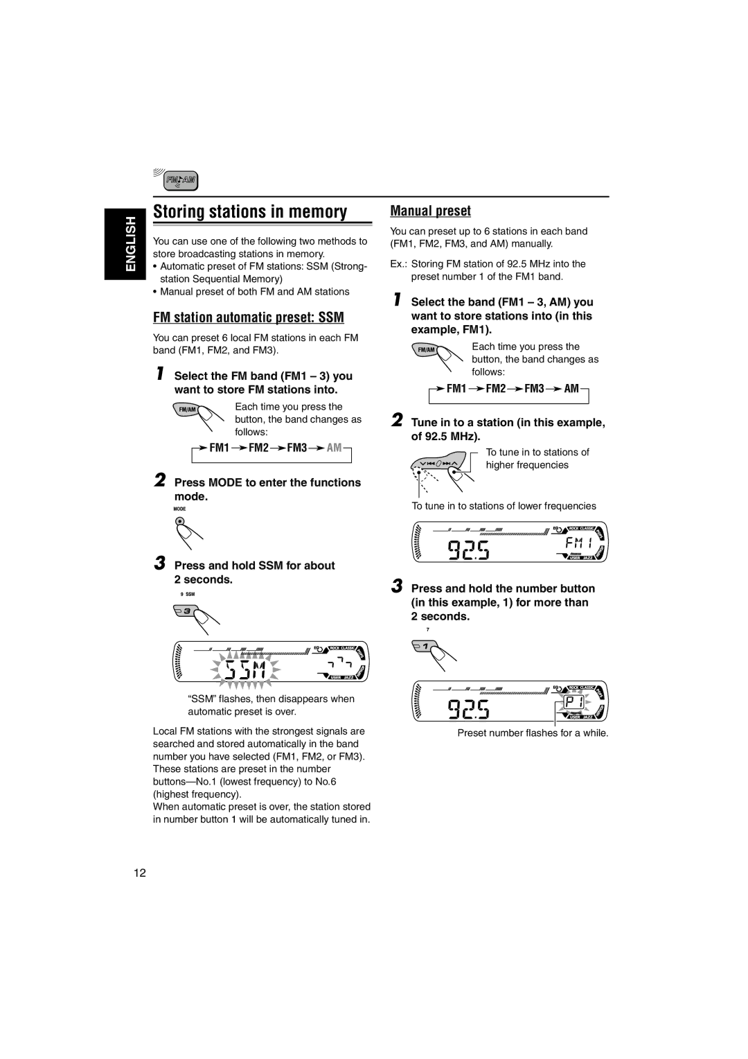 JVC KD-AR260, KD-G210 manual FM station automatic preset SSM, Manual preset, FM1 FM2 FM3 