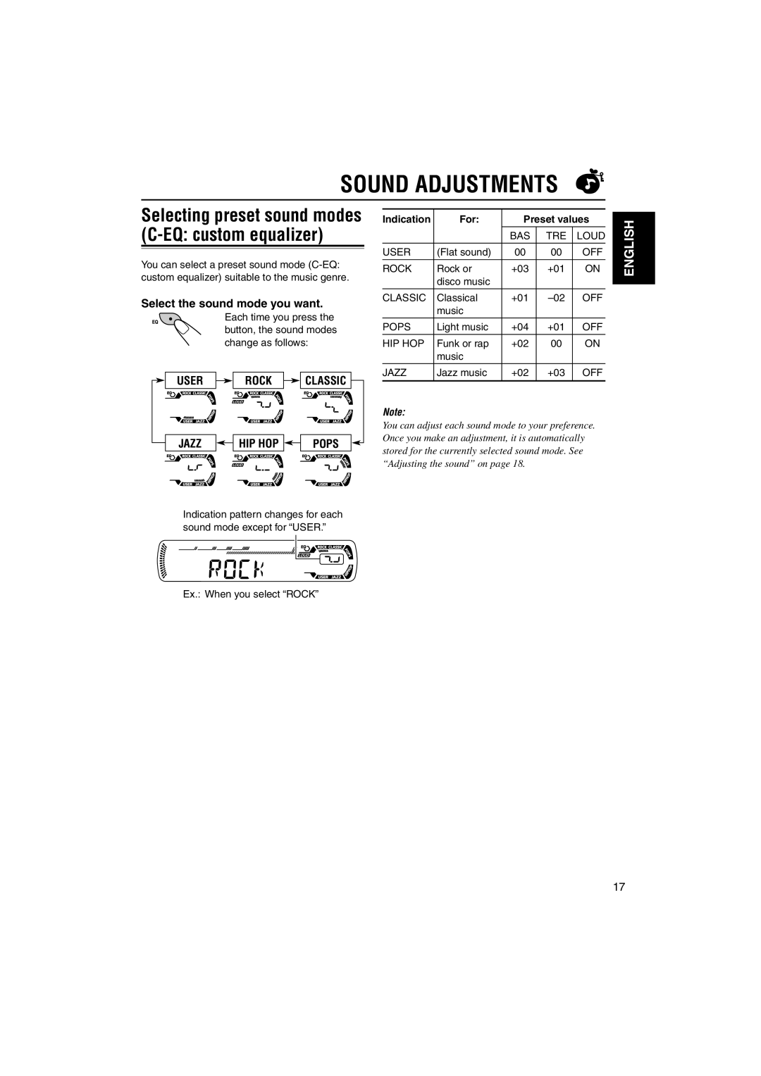 JVC KD-G210, KD-AR260 manual Sound Adjustments, Select the sound mode you want, User Rock Classic Jazz HIP HOP Pops 