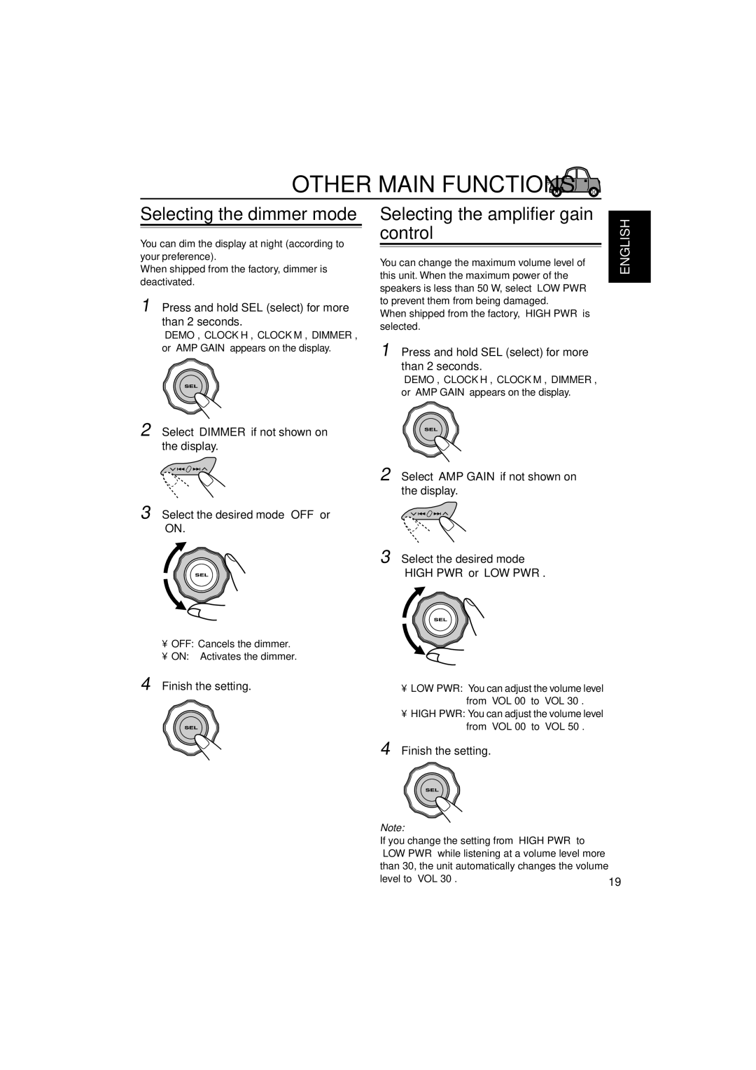 JVC KD-G210, KD-AR260 manual Other Main Functions, Selecting the dimmer mode, Selecting the amplifier gain control 