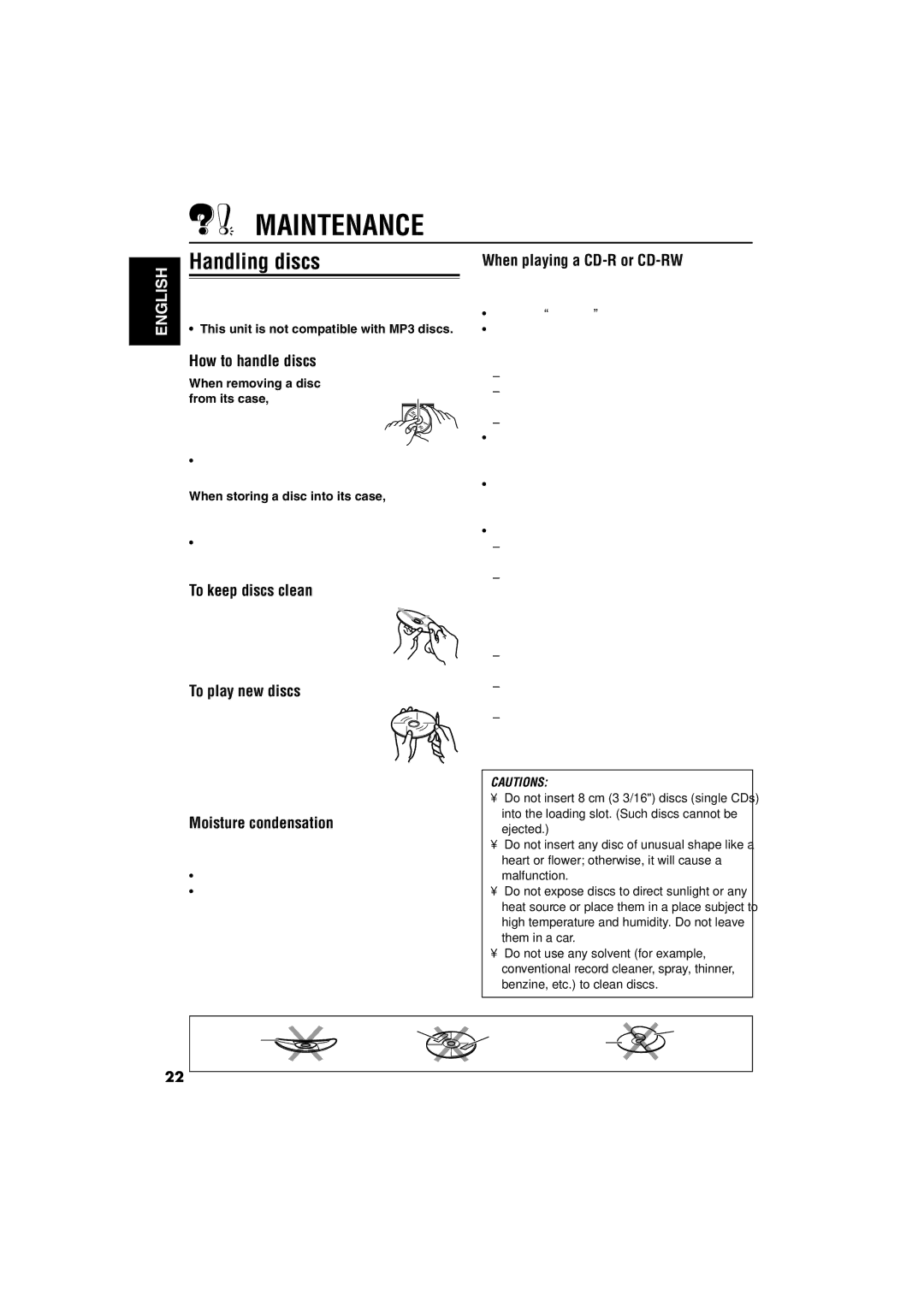 JVC KD-AR260, KD-G210 manual Maintenance, Handling discs 