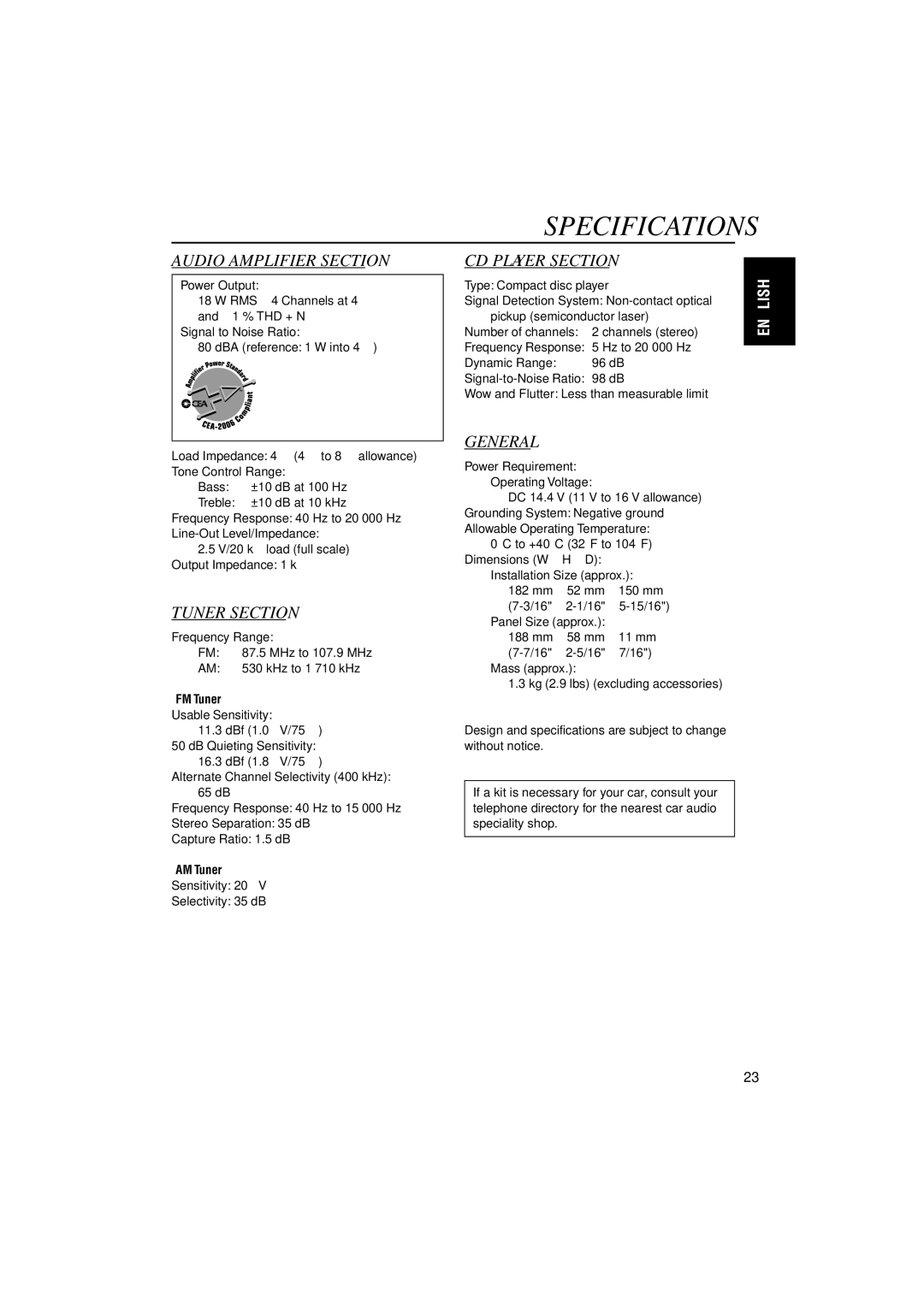 JVC KD-G210, KD-AR260 manual Specifications, FM Tuner, AM Tuner 