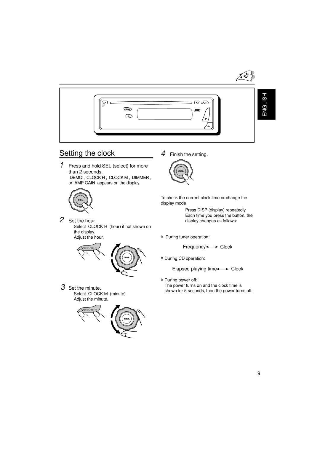 JVC KD-G210, KD-AR260 manual Setting the clock, Set the hour, Set the minute, Frequency Clock, Elapsed playing time Clock 