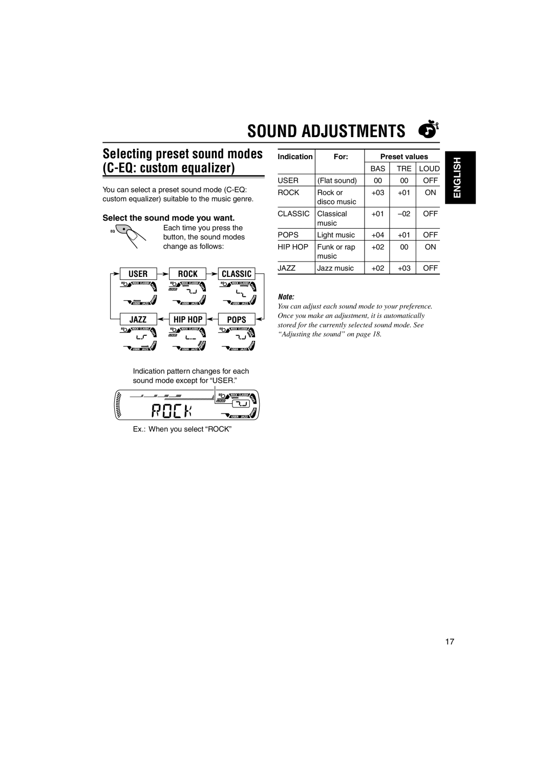 JVC KD-G210, KD-AR260 manual Sound Adjustments, Select the sound mode you want, Indication For Preset values 