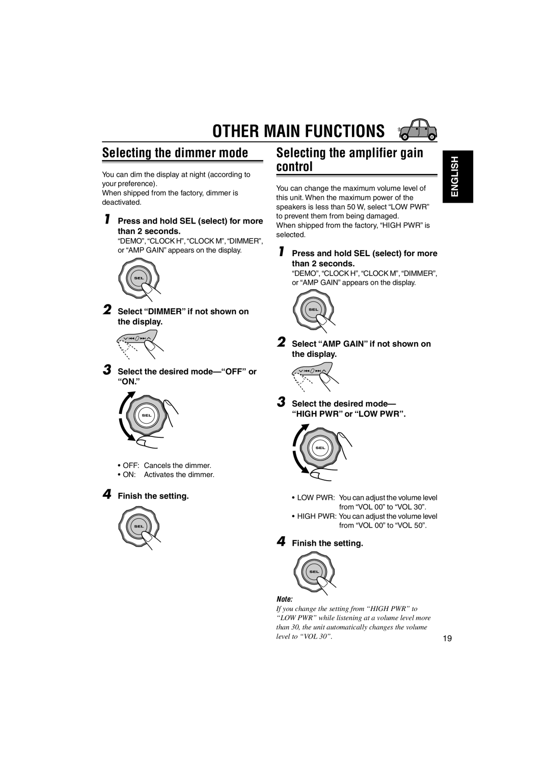 JVC KD-G210, KD-AR260 manual Other Main Functions, Selecting the amplifier gain control 