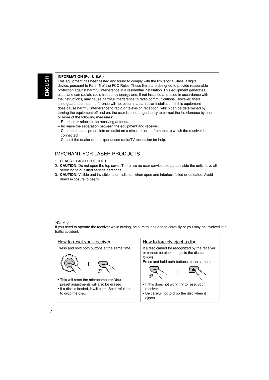 JVC KD-AR260, KD-G210 manual How to reset your receiver, How to forcibly eject a disc, Information For U.S.A 