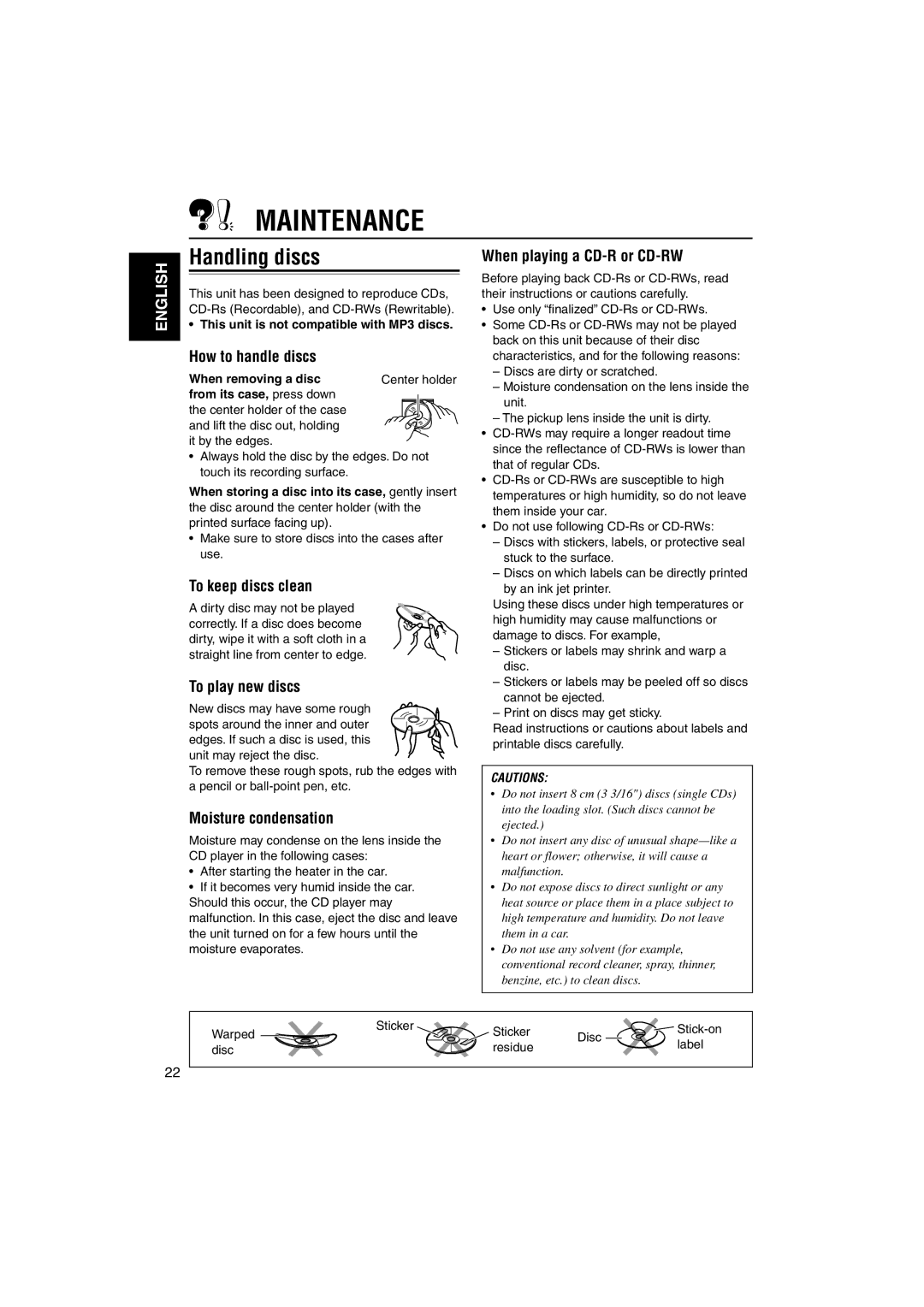 JVC KD-AR260, KD-G210 manual Maintenance, Handling discs 