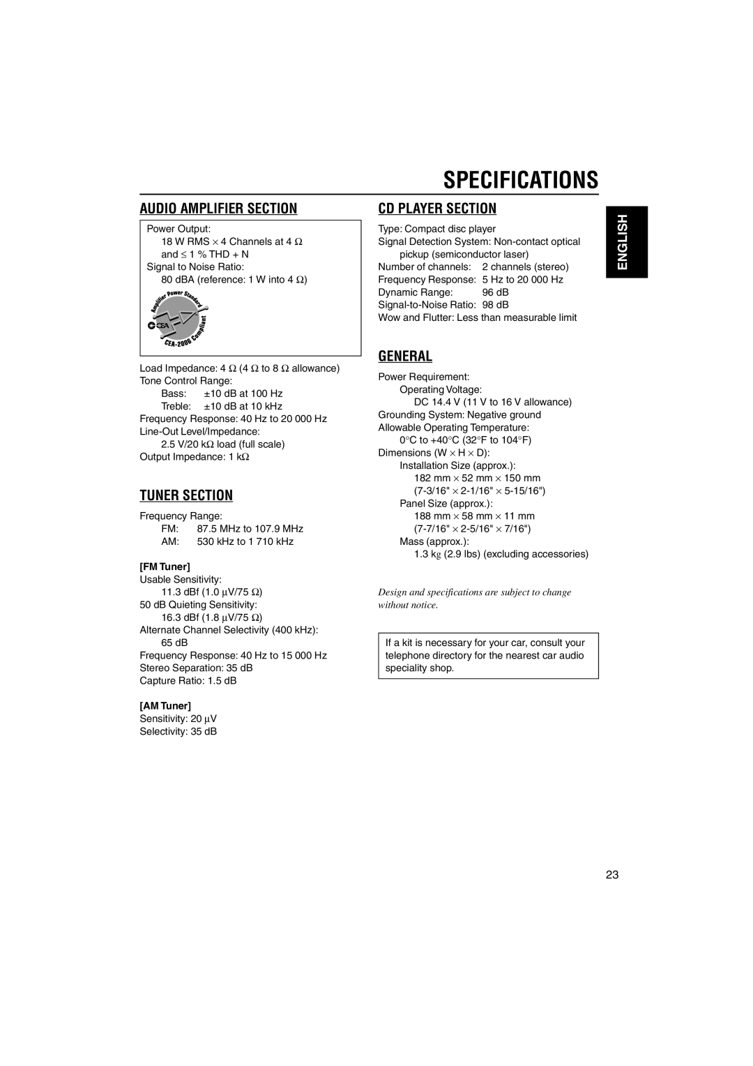 JVC KD-G210, KD-AR260 manual Specifications, FM Tuner, AM Tuner 