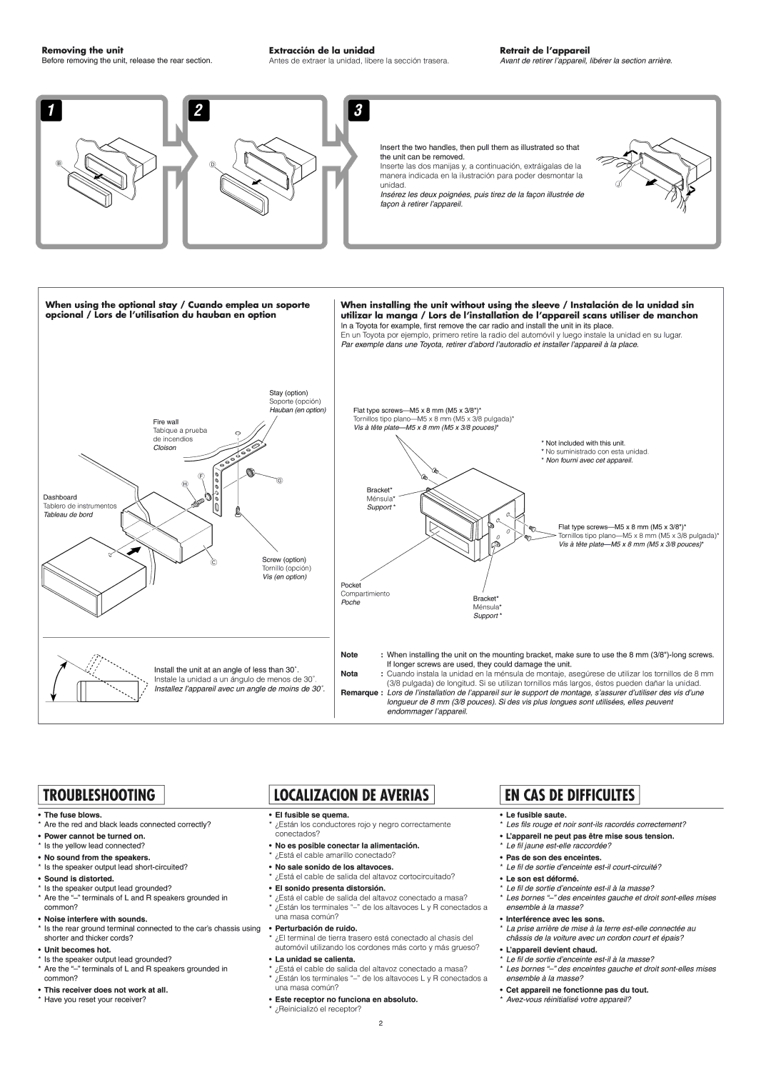 JVC KD-AR260 Nota, Fuse blows, Sound is distorted, Noise interfere with sounds, Unit becomes hot, Perturbación de ruido 