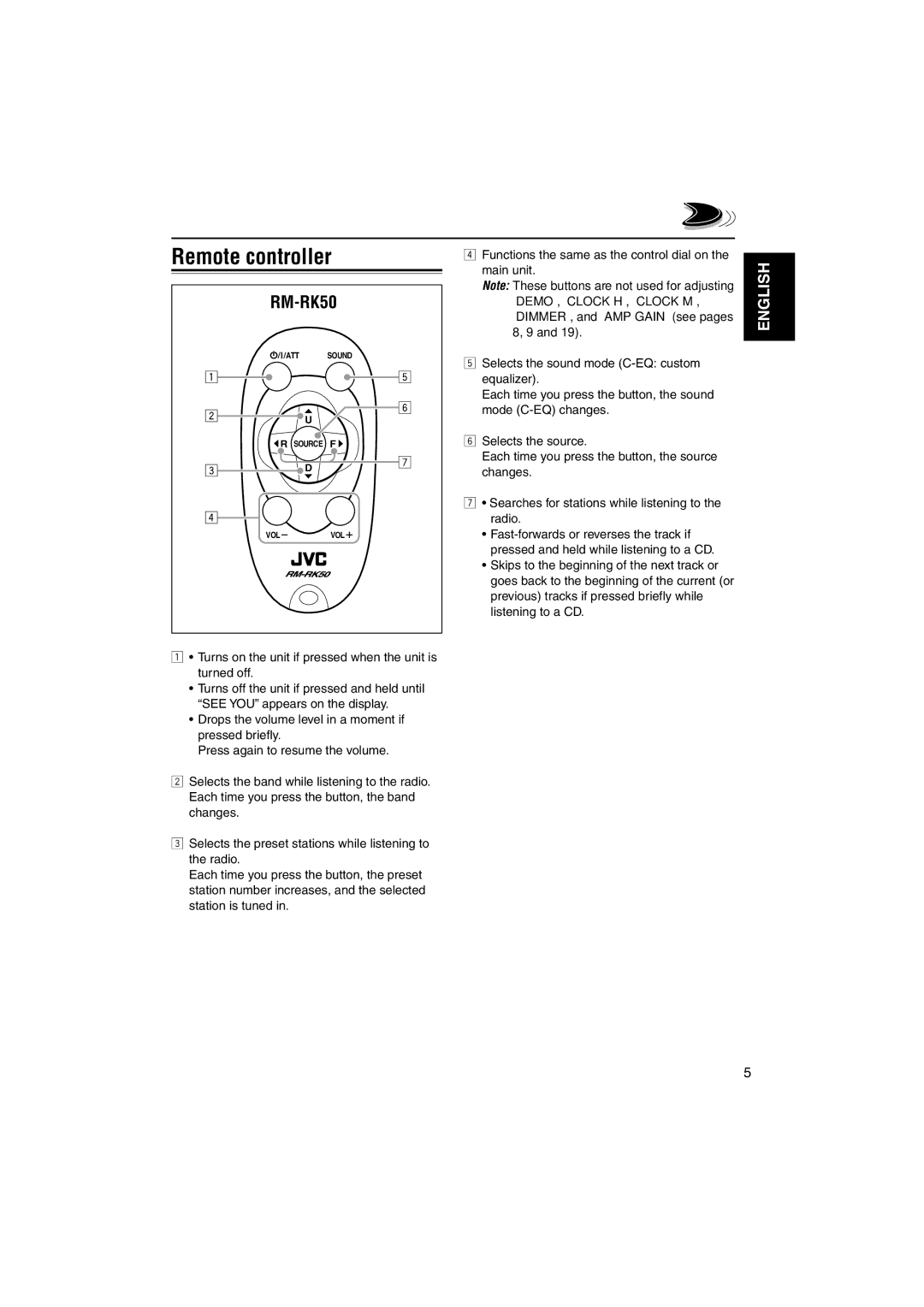 JVC KD-G210, KD-AR260 manual Remote controller, RM-RK50 