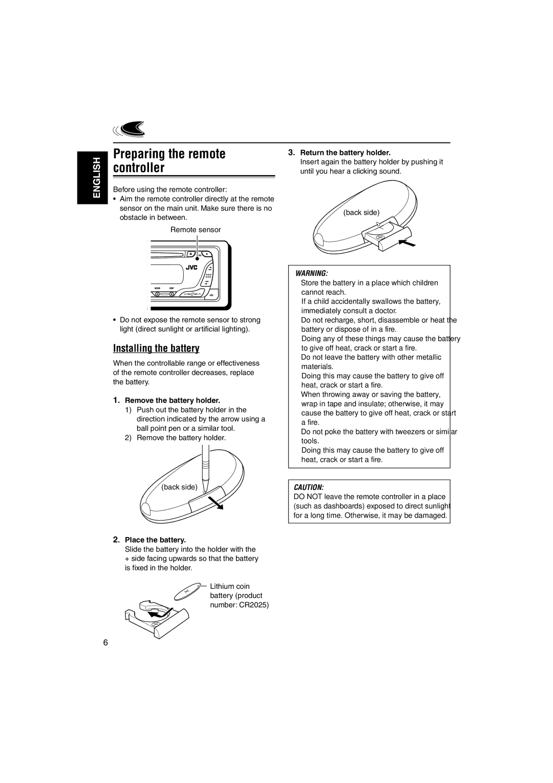 JVC KD-AR260 Preparing the remote, Controller, Remove the battery holder, Place the battery, Return the battery holder 