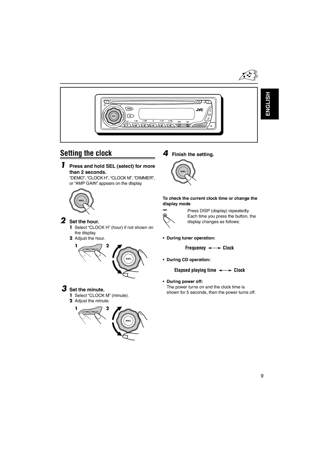 JVC KD-G210, KD-AR260 manual Setting the clock, Set the hour, Set the minute, Frequency Clock, Elapsed playing time Clock 