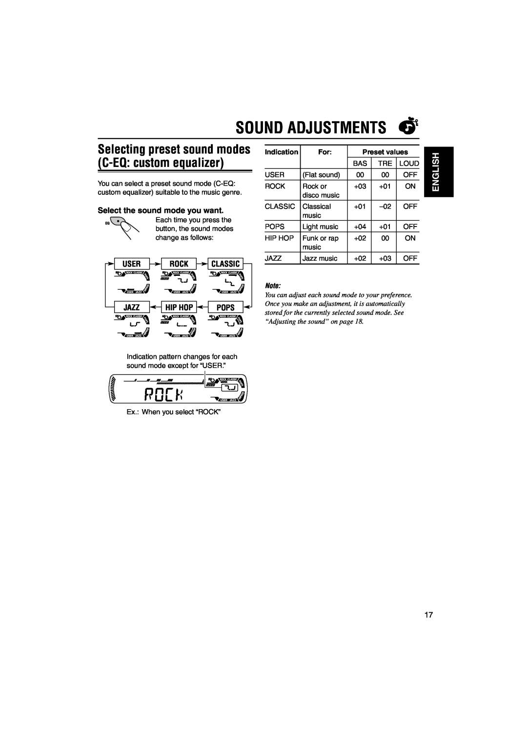 JVC KD-G210 Sound Adjustments, Select the sound mode you want, User Rock Classic, Jazz, Hip Hop, Pops, English, Indication 