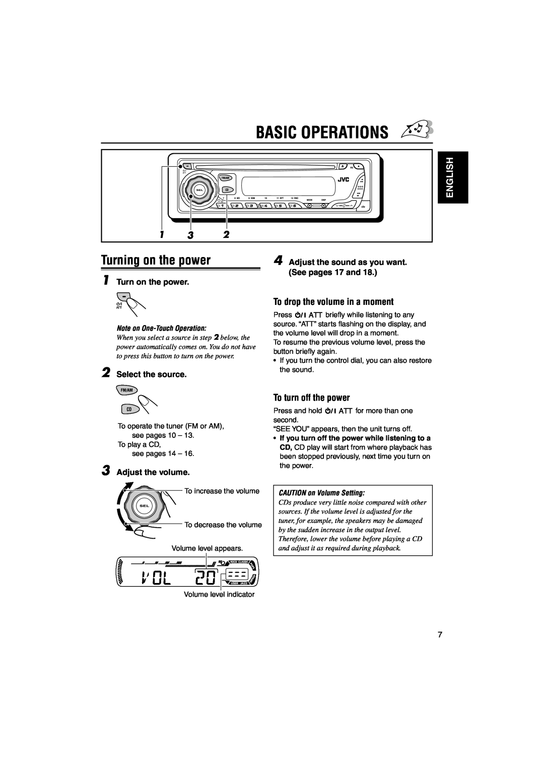 JVC KD-G210 manual Basic Operations, Turning on the power, To drop the volume in a moment, To turn off the power, English 