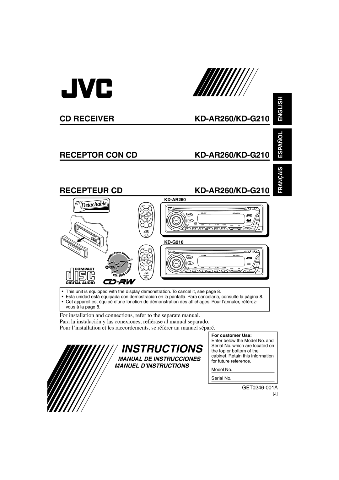 JVC manual Cd Receiver Receptor Con Cd Recepteur Cd, KD-AR260/KD-G210 KD-AR260/KD-G210, English Español, Instructions 