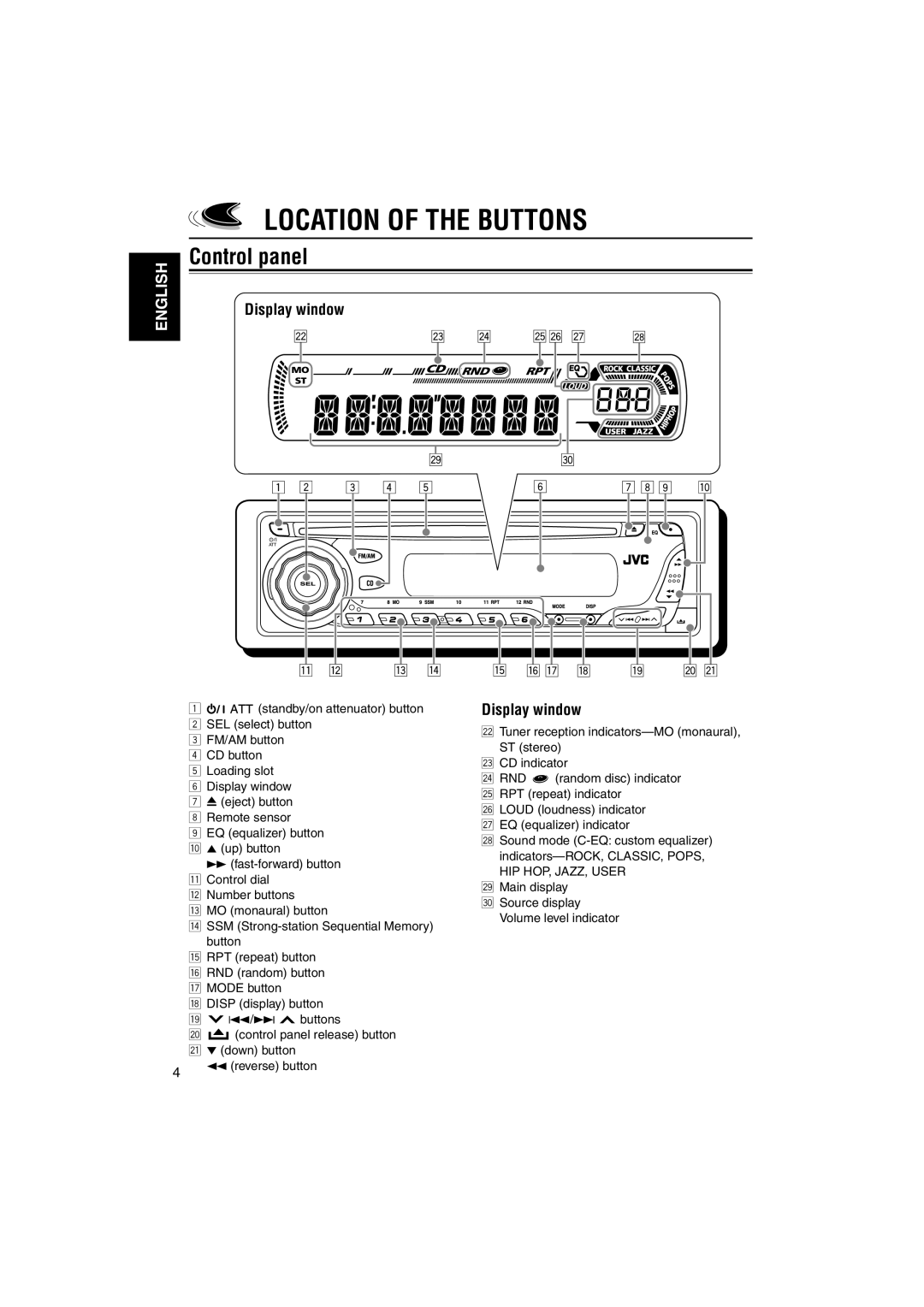 JVC KD-AR260, KD-G210 manual Location Of The Buttons, Control panel, Display window, English 