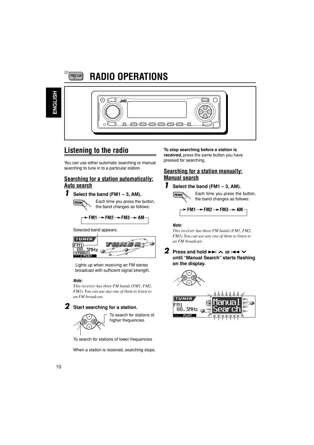 JVC KD-AR3000, KD-LH300 manual Radio Operations, Listening to the radio, Searching for a station automatically Auto search 