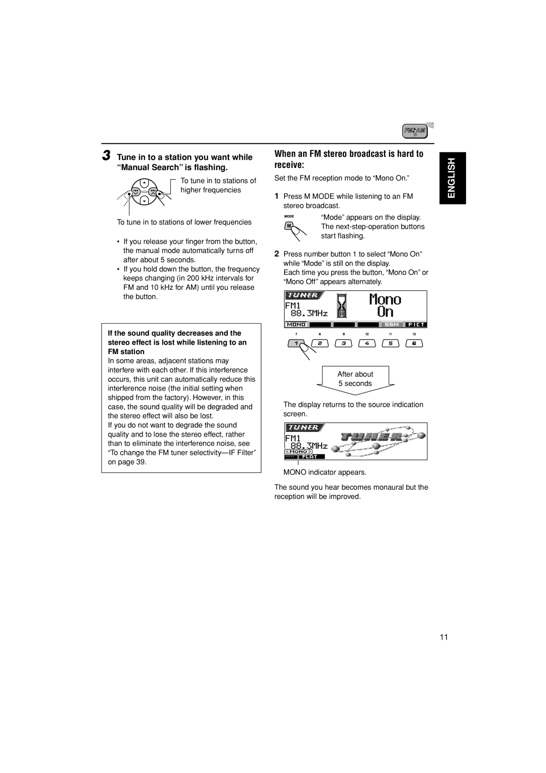 JVC KD-LH300, KD-AR3000 manual When an FM stereo broadcast is hard to receive 