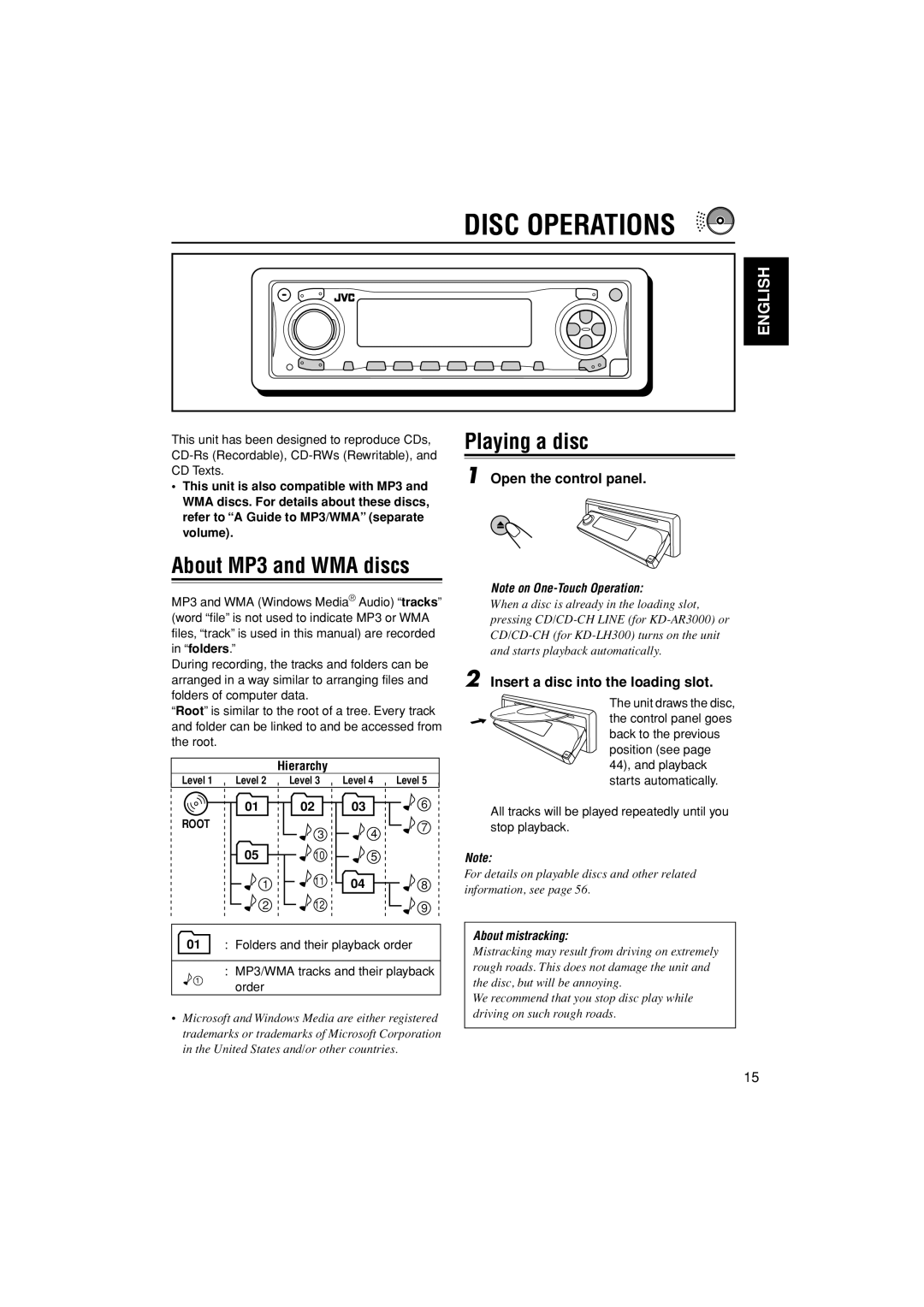 JVC KD-LH300, KD-AR3000 manual Disc Operations, About MP3 and WMA discs, Playing a disc, Open the control panel 