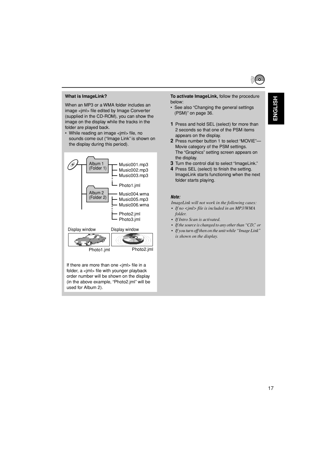 JVC KD-LH300, KD-AR3000 manual What is ImageLink?, Folder Music005.mp3, Photo2.jml, Photo3.jml 