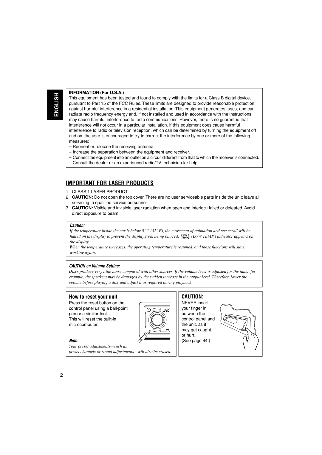 JVC KD-AR3000, KD-LH300 manual How to reset your unit, Information For U.S.A 