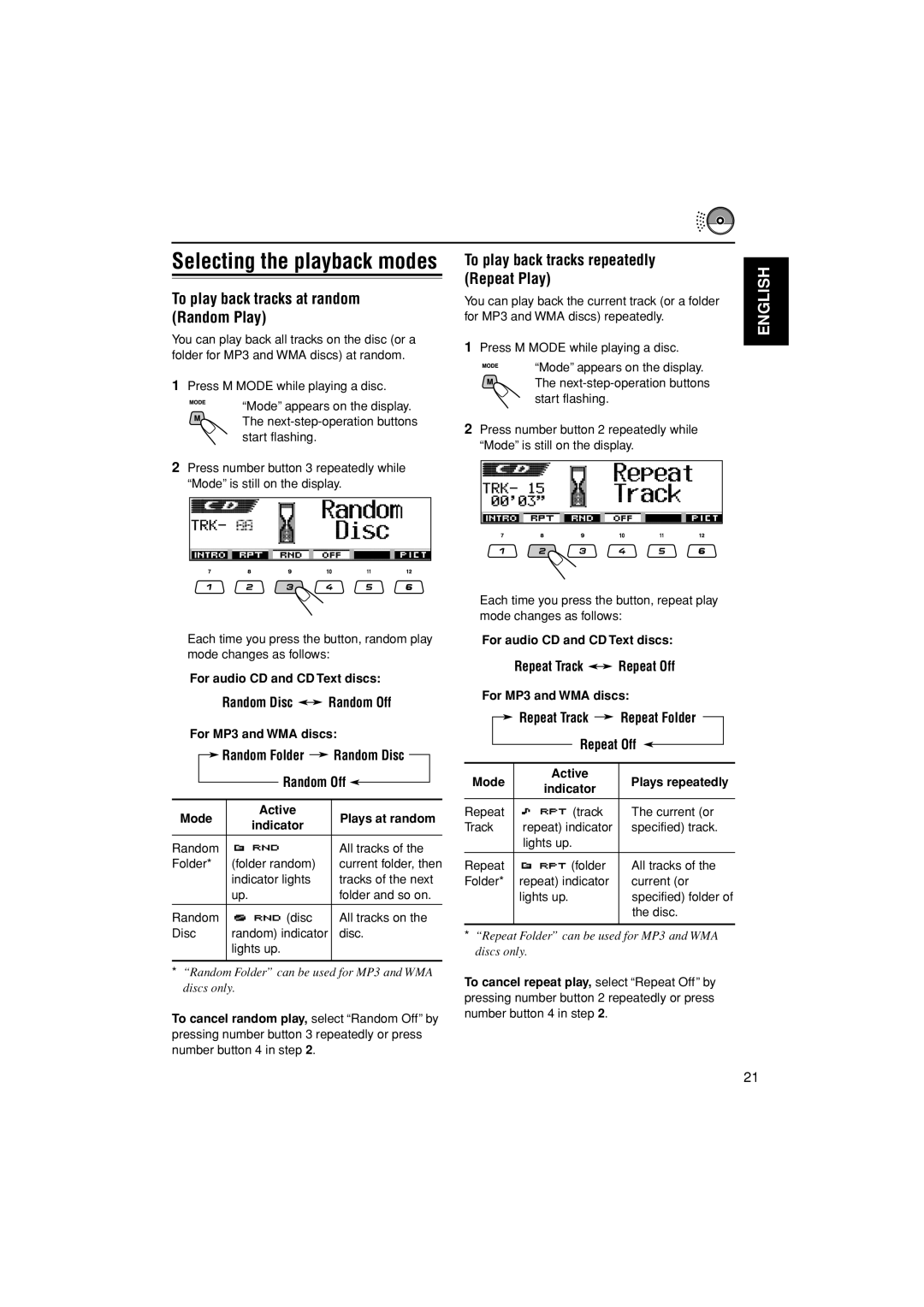 JVC KD-LH300, KD-AR3000 manual To play back tracks at random Random Play, To play back tracks repeatedly Repeat Play 