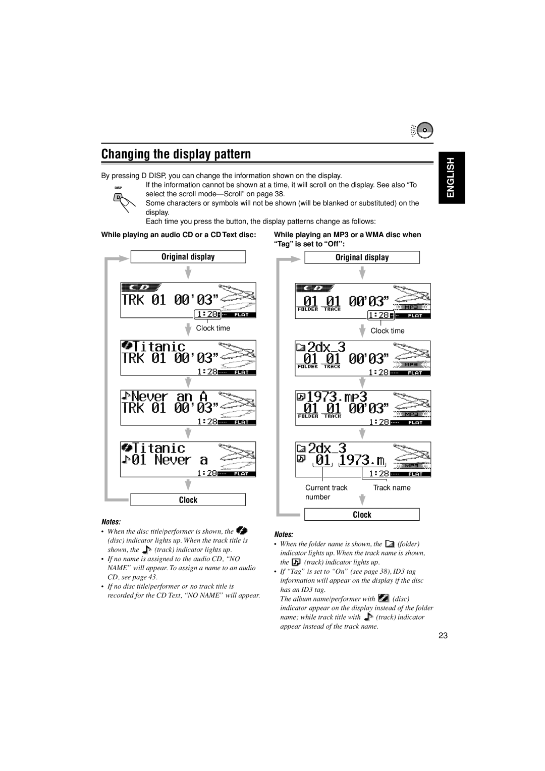 JVC KD-LH300, KD-AR3000 Changing the display pattern, Original display, Clock, While playing an audio CD or a CD Text disc 