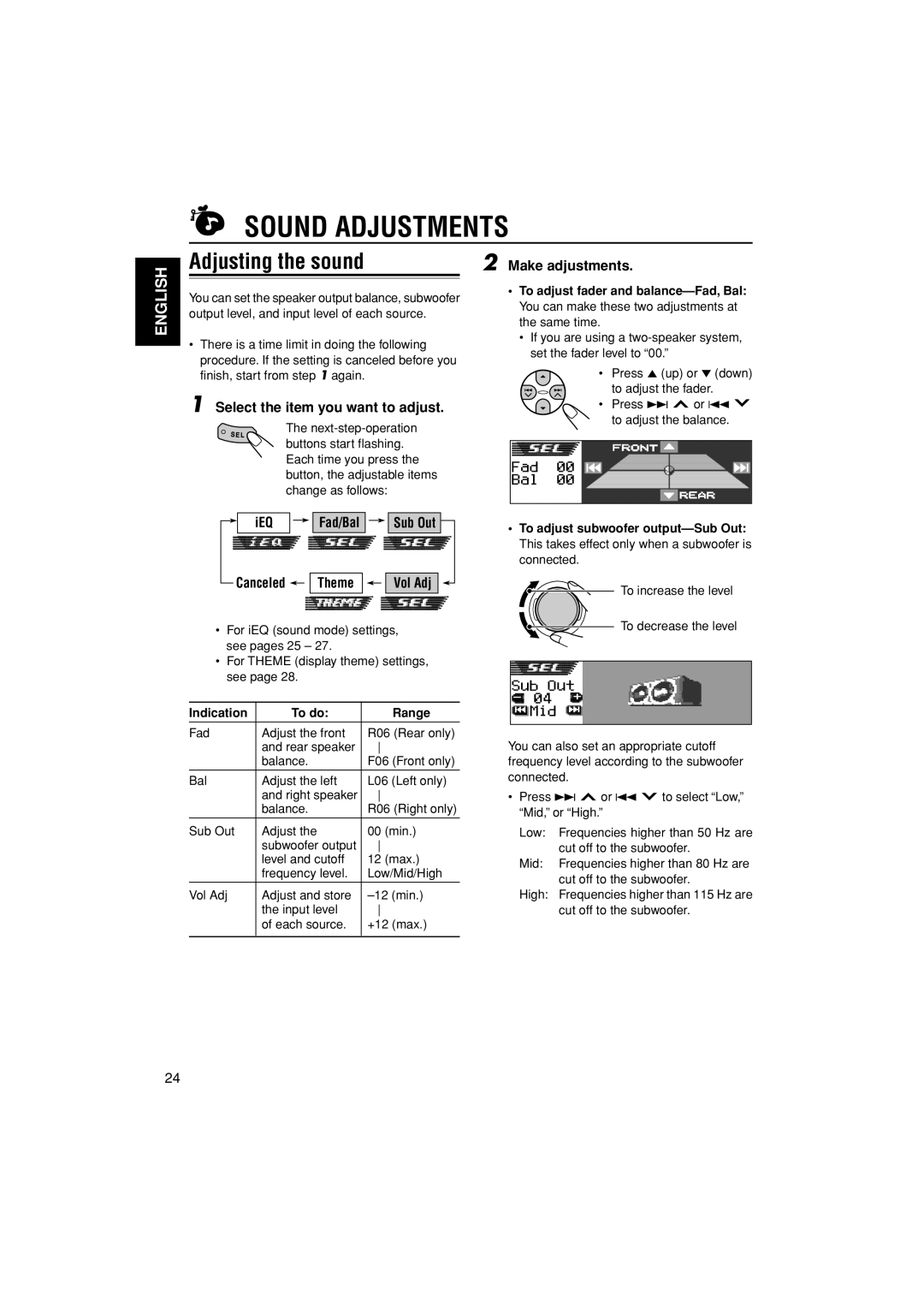 JVC KD-AR3000, KD-LH300 manual Sound Adjustments, Adjusting the sound 