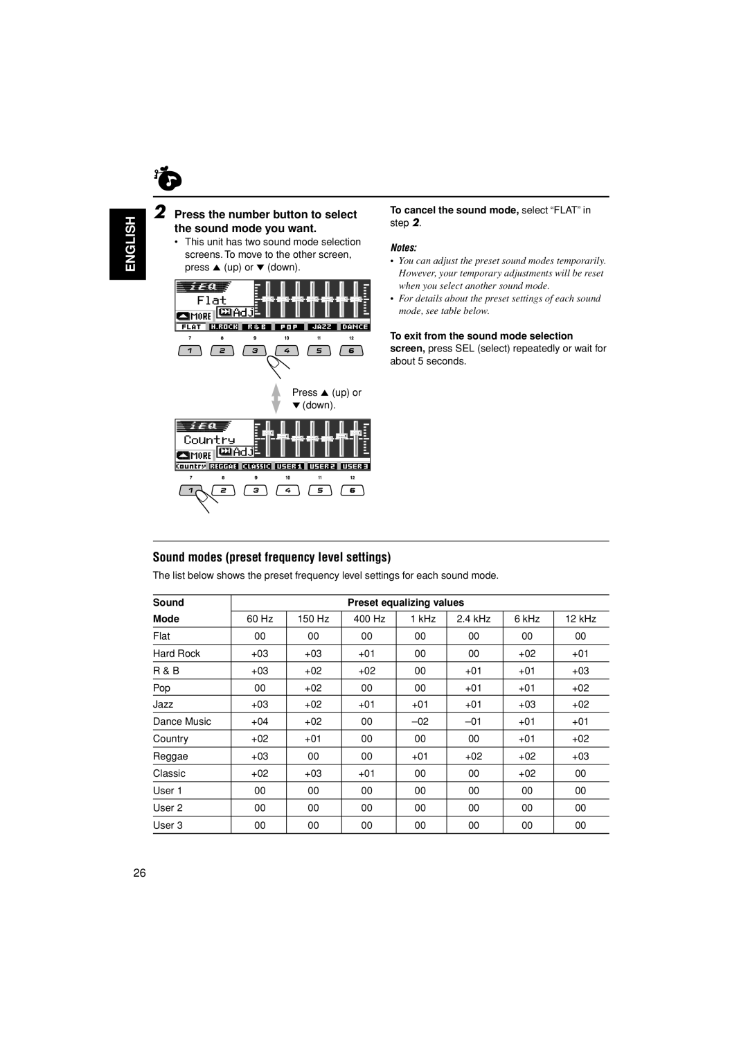 JVC KD-AR3000 manual Sound modes preset frequency level settings, Press the number button to select the sound mode you want 